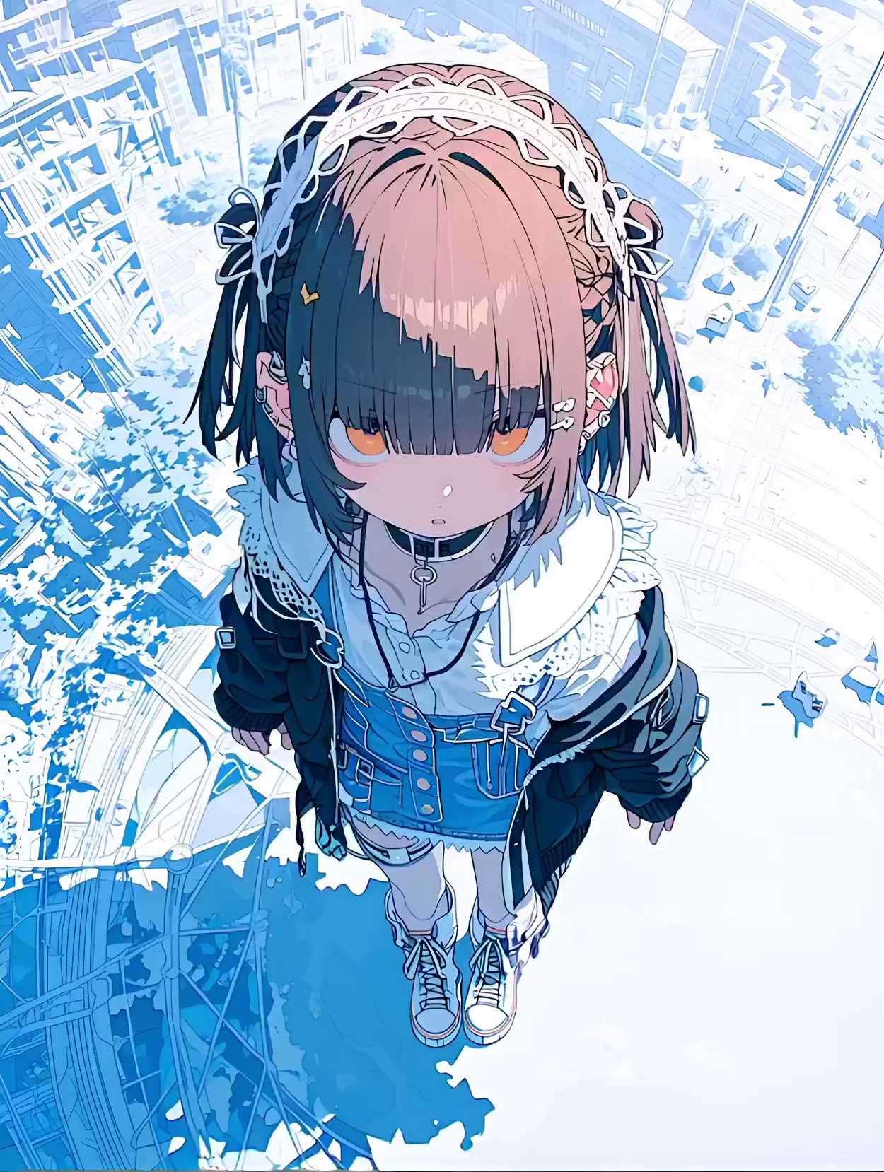 A cheerful anime girl with short brown hair and glowing amber eyes falls backwards through a bright sky, reaching her hand toward the lens before pulling a grumpy white cat into a close embrace. The scene is set high above a sprawling metropolitan city rendered in cool blue and white tones, with fluffy white clouds scattered across the horizon. A dynamic high-angle bird's-eye view camera tracks the descent, utilizing a rapid pull-back zoom to reveal the vast scale of the sky and urban landscape below. The visual style features high-fidelity anime aesthetics with vibrant color grading, sharp line work, and brilliant daylight illumination that creates a soft glow on the characters.