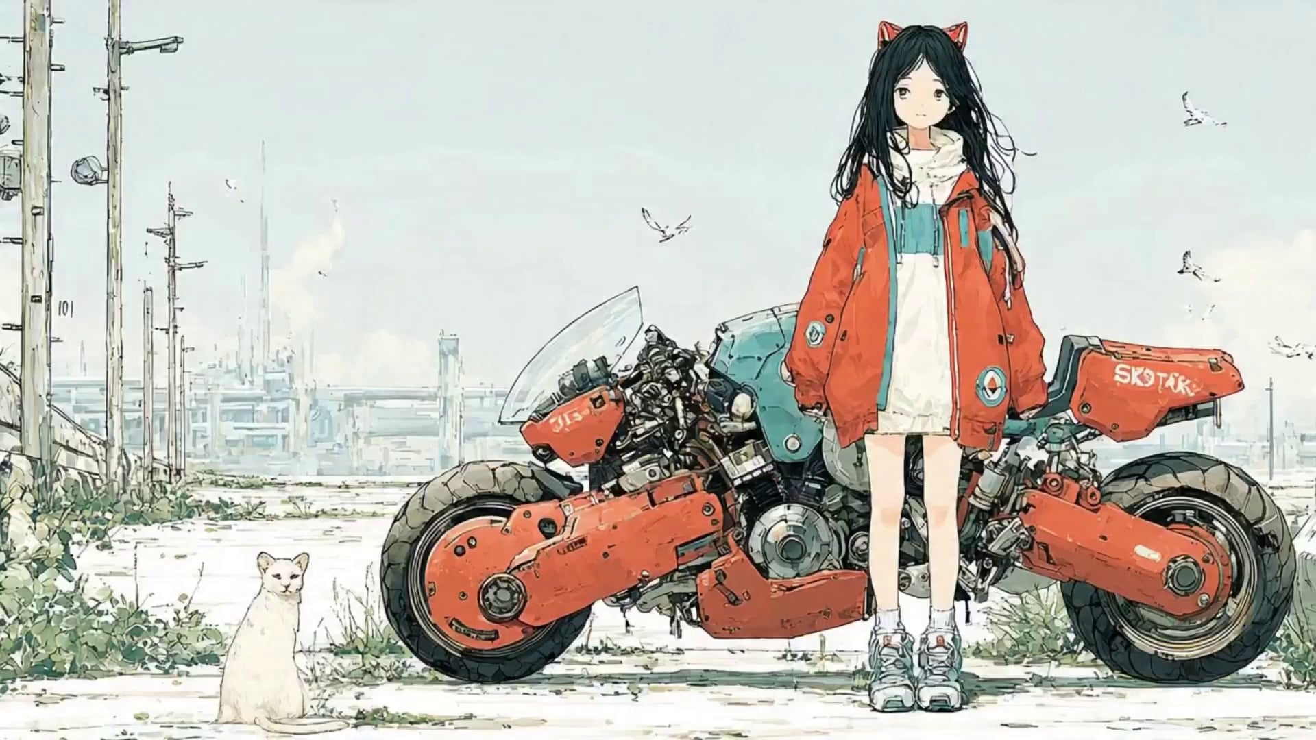An anime-style young woman in an orange bomber jacket mounts a red futuristic cyberpunk motorcycle, dons a cat-eared helmet, and accelerates through a ruined cityscape with a white cat perched behind her. The environment is a sprawling post-apocalyptic metropolis featuring crumbling skyscrapers, lush overgrown vegetation, and fractured elevated highways under a bright, clear sky. Dynamic tracking shots follow the high-speed maneuver, transitioning from low-angle mechanical close-ups of glowing blue thrusters to a dramatic wide-angle slow-motion jump over a broken bridge ramp. The visual style is high-quality 2D cel-shaded anime with clean line art and vibrant, saturated colors, illuminated by harsh midday sunlight and the brilliant orange and blue glow of jet exhausts.