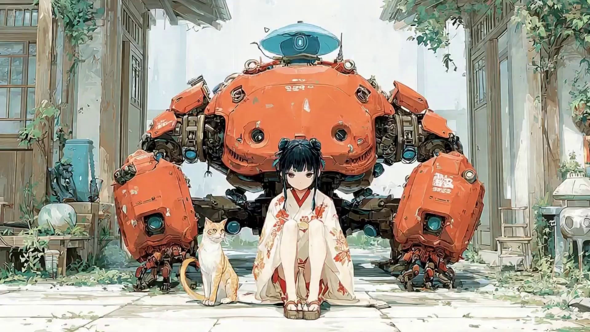 A young girl in a floral kimono and a ginger cat board a bulky orange bipedal mech that ignites powerful jet thrusters to take flight. The journey moves from a sun-drenched traditional Japanese village through a high-speed tunnel, emerging into a colossal, lush futuristic biodome filled with cascading waterfalls and tiered hanging gardens. A dynamic, fast-paced follow-cam captures the exhilarating flight through narrow streets before transitioning into a wide, sweeping panoramic shot revealing the breathtaking scale of the utopian city. The visual style is high-fidelity 2D anime with vibrant colors, featuring cinematic lighting and soft sunbeams filtering through the glass dome for a serene, Ghibli-esque atmosphere.