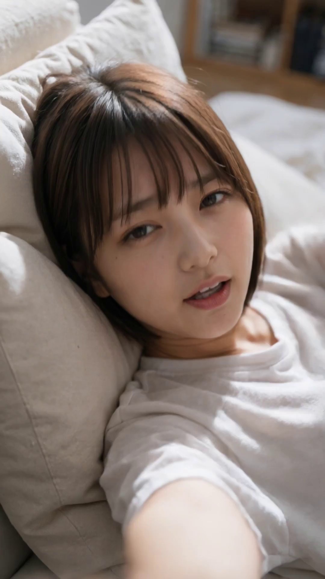 A young woman with shoulder-length brown hair lies comfortably on a white pillow, looking into the lens with a gentle, sleepy-eyed gaze as she begins to stretch her arms upward. The scene takes place in a bright, minimalist bedroom bathed in soft, natural morning sunlight that fills the frame with a peaceful, high-key glow. The camera captures her at a close-up angle with an intimate, subtle handheld sway and a shallow depth of field. The visual style is cinematic and dreamy, featuring warm skin tones, soft color grading, and a high-resolution, photorealistic finish.