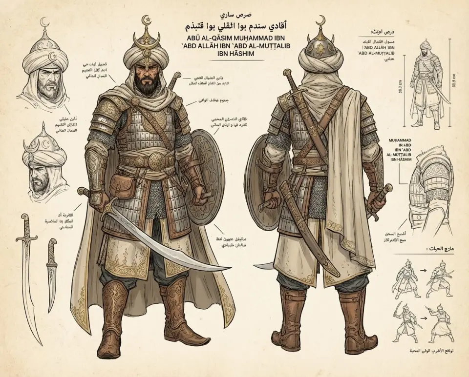 A character concept sheet of a [character], featuring detailed front, back, and side views, along with close-up sketches of facial features, costume details, and accessories. Annotated design notes and clearly labeled components are arranged across the layout, rendered in a refined blueprint style with glowing [color1] accents and a structured [color2] base design, presented on a clean white background with a polished professional character design presentation.