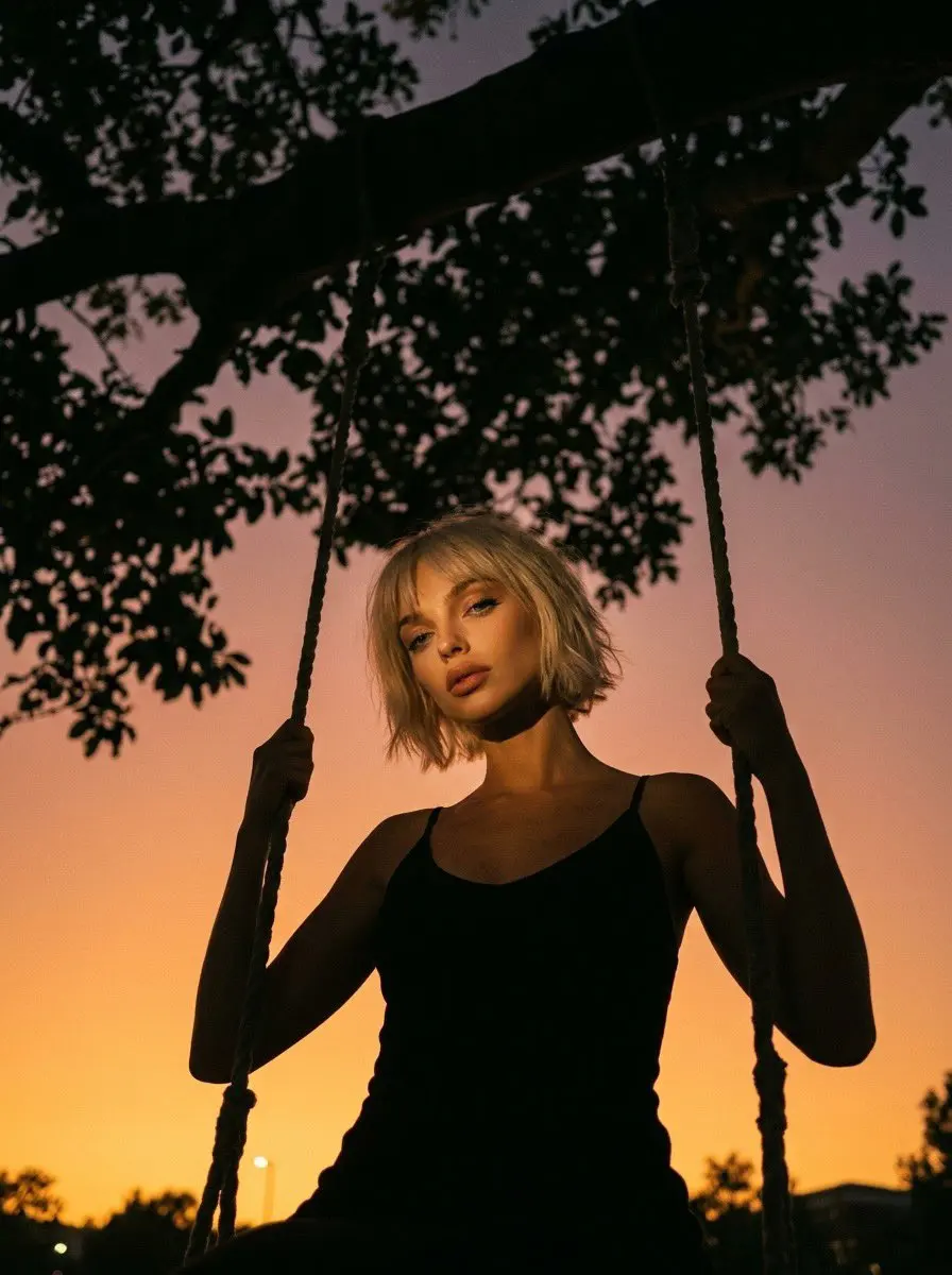 Cinematic portrait of a young woman sitting on a swing under a large tree at sunset, warm golden hour lighting, soft glowing sky with orange gradient, shallow depth of field, bokeh lights in distance, short blonde bob haircut with bangs, black sleeveless dress, dramatic shadows on face, moody editorial style, ultra-realistic, 85mm lens, f/1.8, film grain, high detail, soft skin tones, natural makeup