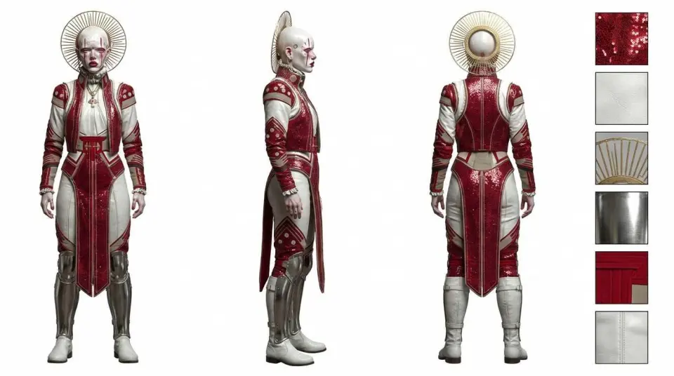 photorealism, Character sheet, three-view, full figure only, white boots with metal shin guard, long open coat, white background