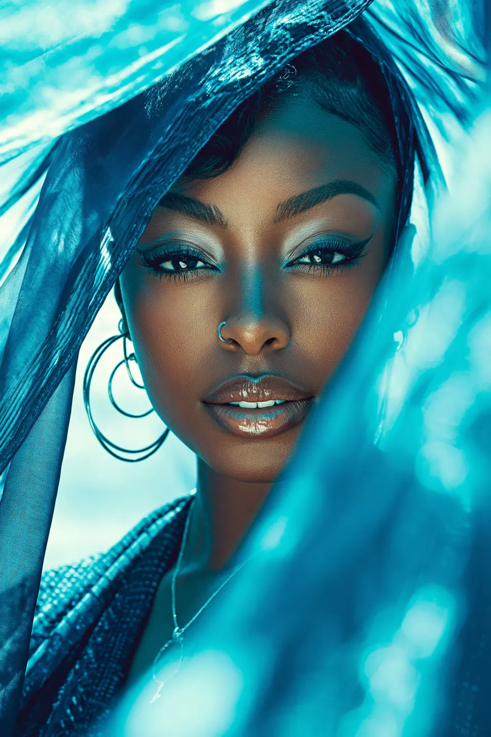 Luxury Glam Beauty Portrait:, Beautiful Black woman, youthful spirit, creamy vanilla, silk press, mahogany red, subtle confidence, textured fabric, sapphire blue, minimal jewelry, beachside breeze, lens flare effect, nostalgic, cinematic lens, symmetrical composition, soft focus, high fashion photography, monochromatic, dewy finish, mysterious tension, layered elements