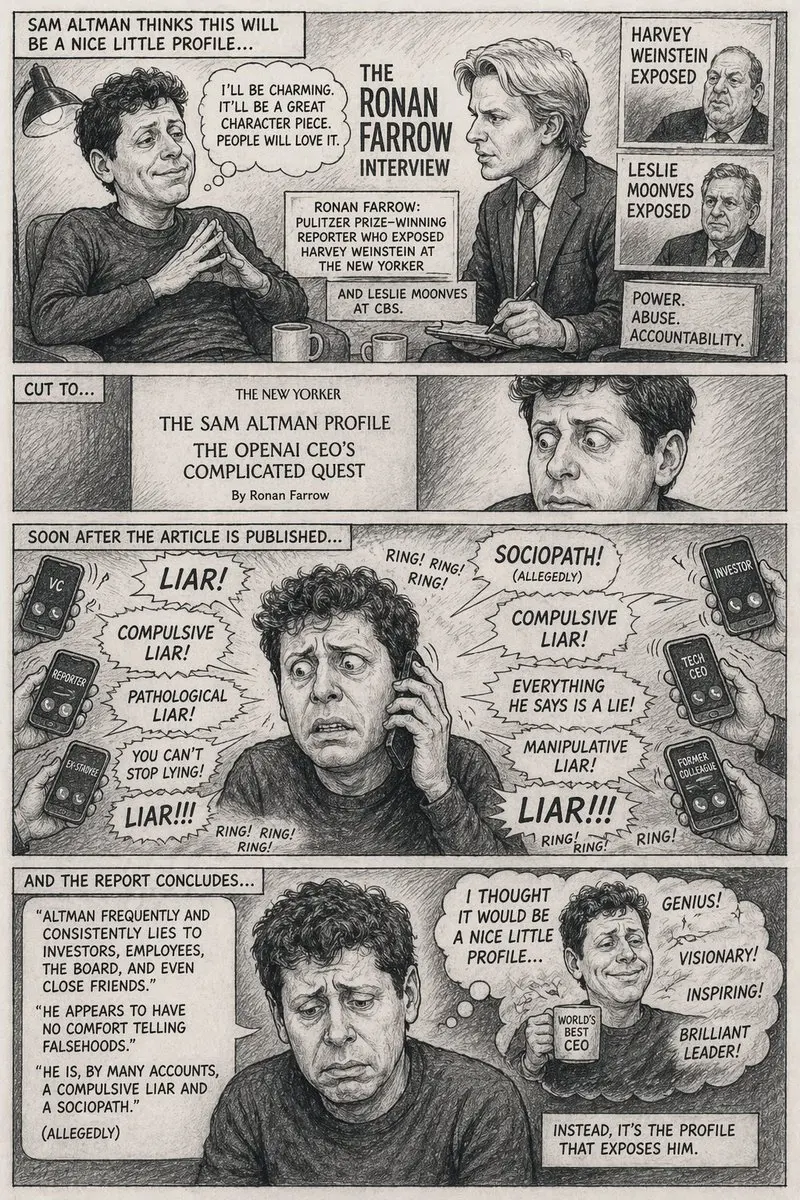 {
  "type": "4-panel vertical comic strip",
  "style": "{argument name=\"art style\" default=\"black and white pencil sketch, crosshatch shading, satirical caricature comic\"}",
  "characters": {
    "subject_1": "{argument name=\"main character\" default=\"Sam Altman\"}, curly hair, casual sweater",
    "subject_2": "{argument name=\"interviewer\" default=\"Ronan Farrow\"}, suit, tie, holding notepad"
  },
  "layout": {
    "panels": [
      {
        "panel_number": 1,
        "top_caption": "SAM ALTMAN THINKS THIS WILL BE A NICE LITTLE PROFILE...",
        "scene": "subject_1 looking smug with hands steepled; subject_2 looking serious taking notes.",
        "thought_bubble": "I'LL BE CHARMING. IT'LL BE A GREAT CHARACTER PIECE. PEOPLE WILL LOVE IT.",
        "center_text": "THE RONAN FARROW INTERVIEW",
        "inset_portraits": {
          "count": 2,
          "labels": ["HARVEY WEINSTEIN EXPOSED", "LESLIE MOONVES EXPOSED"]
        },
        "info_boxes": {
          "count": 3,
          "text": [
            "RONAN FARROW: PULITZER PRIZE-WINNING REPORTER WHO EXPOSED HARVEY WEINSTEIN AT THE NEW YORKER",
            "AND LESLIE MOONVES AT CBS.",
            "POWER. ABUSE. ACCOUNTABILITY."
          ]
        }
      },
      {
        "panel_number": 2,
        "top_caption": "CUT TO...",
        "scene": "Close-up of subject_1 looking shocked and horrified.",
        "article_header": "{argument name=\"publication\" default=\"THE NEW YORKER\"}\nTHE SAM ALTMAN PROFILE\nTHE OPENAI CEO'S COMPLICATED QUEST\nBy Ronan Farrow"
      },
      {
        "panel_number": 3,
        "top_caption": "SOON AFTER THE ARTICLE IS PUBLISHED...",
        "scene": "subject_1 looking extremely stressed, sweating, holding a phone to his ear. Surrounded by 6 hands holding smartphones.",
        "phone_labels": ["VC", "REPORTER", "EX-STAFFEE", "INVESTOR", "TECH CEO", "FORMER COLLEAGUE"],
        "shouts": {
          "count": 8,
          "text": [
            "{argument name=\"main accusation\" default=\"LIAR\"}!",
            "COMPULSIVE LIAR!",
            "PATHOLOGICAL LIAR!",
            "YOU CAN'T STOP LYING!",
            "LIAR!!!",
            "SOCIOPATH! (ALLEGEDLY)",
            "EVERYTHING HE SAYS IS A LIE!",
            "MANIPULATIVE LIAR!"
          ]
        },
        "sound_effects": "RING! RING! RING!"
      },
      {
        "panel_number": 4,
        "top_caption": "AND THE REPORT CONCLUDES...",
        "scene": "subject_1 looking utterly defeated and depressed.",
        "quote_box": "\"ALTMAN FREQUENTLY AND CONSISTENTLY LIES TO INVESTORS, EMPLOYEES, THE BOARD, AND EVEN CLOSE FRIENDS.\"\n\"HE APPEARS TO HAVE NO COMFORT TELLING FALSEHOODS.\"\n\"HE IS, BY MANY ACCOUNTS, A COMPULSIVE LIAR AND A SOCIOPATH.\"\n(ALLEGEDLY)",
        "thought_bubble": {
          "scene": "Happy subject_1 holding a 'WORLD'S BEST CEO' mug.",
          "text": "I THOUGHT IT WOULD BE A NICE LITTLE PROFILE...",
          "sparkle_words": {
            "count": 4,
            "text": ["GENIUS!", "VISIONARY!", "INSPIRING!", "BRILLIANT LEADER!"]
          }
        },
        "bottom_caption": "INSTEAD, IT'S THE PROFILE THAT EXPOSES HIM."
      }
    ]
  }
}