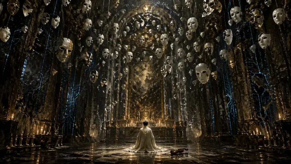 Generates a dark fantasy scene of a kneeling figure in a grand hall filled with suspended objects, ideal for cinematic concept art.
A highly detailed, cinematic wide shot of a grand, dark gothic hall with a {argument name="atmosphere" default="dark fantasy"} aesthetic. In the center, a single figure wearing a {argument name="clothing" default="long white robe"} kneels on a highly reflective stone floor, facing an ornate golden altar illuminated by a row of lit candles. To the right of the kneeling figure, a single {argument name="floor object" default="wooden violin"} rests on the ground. The cavernous room is framed by massive dark stone pillars detailed with {argument name="accent color" default="glowing blue"} ethereal cracks and veins. Suspended from the high ceiling are dozens of {argument name="floating objects" default="white porcelain theatrical masks"} hanging on thin strings, filling the upper half of the space and creating a haunting, surreal atmosphere. The lighting is dramatic and moody, featuring a rich color palette of deep blacks, tarnished golds, and cool blue accents. Format 16:9.