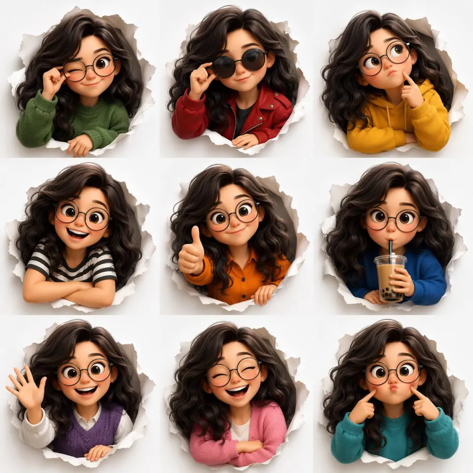 Generates a 9-panel grid of a 3D animated character showing various expressions and outfits while peeking through torn paper.

{
  "type": "3x3 character expression grid",
  "style": "{argument name=\"art style\" default=\"3D animation, Pixar style\"}",
  "character_base": "{argument name=\"character description\" default=\"young woman with voluminous dark wavy hair and round wire-rimmed glasses\"}",
  "common_theme": "{argument name=\"framing concept\" default=\"peeking through a torn hole in white paper\"}",
  "layout": {
    "rows": 3,
    "columns": 3,
    "total_panels": 9,
    "panels": [
      {"position": "top-left", "expression": "winking", "action": "adjusting glasses", "outfit": "green sweater"},
      {"position": "top-center", "expression": "smirking", "action": "lowering dark sunglasses", "outfit": "red leather jacket"},
      {"position": "top-right", "expression": "thinking", "action": "finger on chin", "outfit": "yellow hoodie"},
      {"position": "middle-left", "expression": "big smile", "action": "arms resting on edge", "outfit": "black and white striped shirt"},
      {"position": "middle-center", "expression": "smiling", "action": "thumbs up", "outfit": "orange button-up shirt"},
      {"position": "middle-right", "expression": "neutral", "action": "drinking boba tea", "outfit": "blue sweater"},
      {"position": "bottom-left", "expression": "happy", "action": "waving", "outfit": "purple sweater vest over white shirt"},
      {"position": "bottom-center", "expression": "laughing with eyes closed", "action": "arms crossed", "outfit": "pink cardigan"},
      {"position": "bottom-right", "expression": "silly", "action": "poking cheeks", "outfit": "teal sweater"}
    ]
  }
}