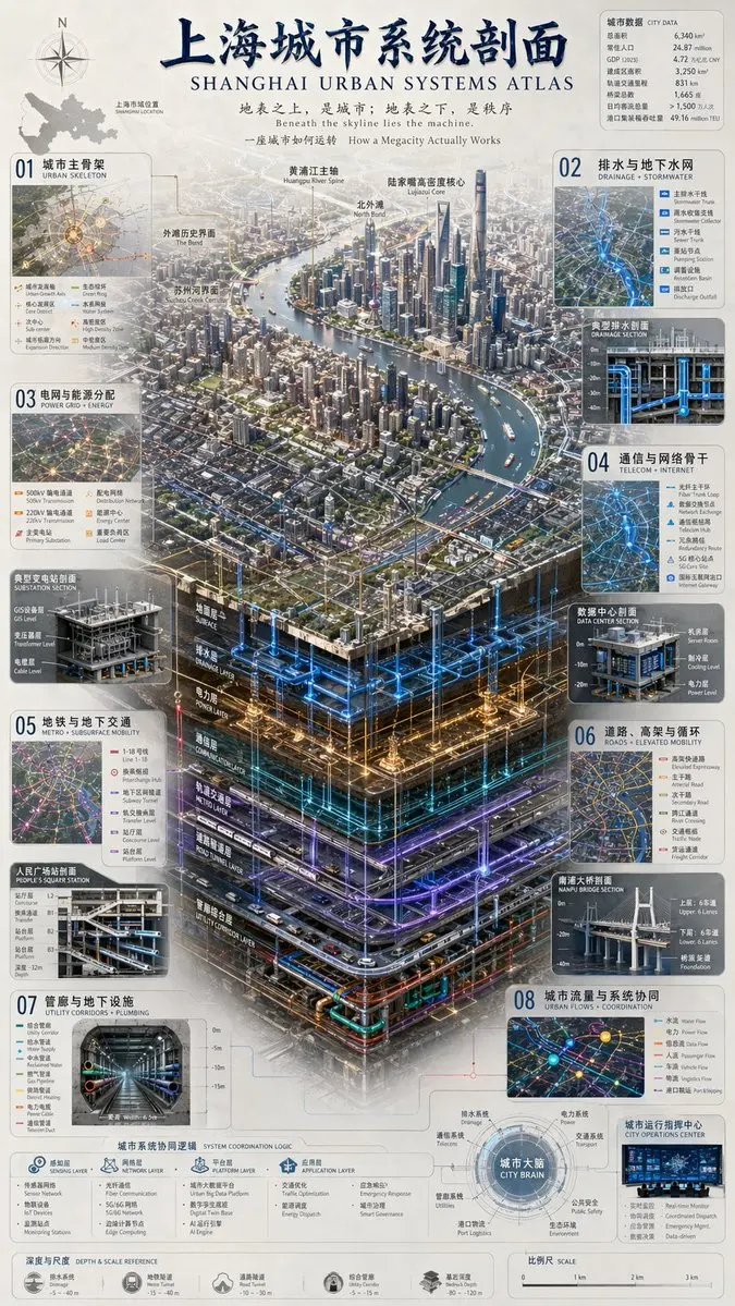 A highly detailed, information-dense infographic featuring a 3D isometric cutaway of a city's subsurface infrastructure, surrounded by data panels and cross-section diagrams.
{
  "type": "complex urban systems atlas infographic",
  "style": "{argument name=\"color palette\" default=\"dark background with glowing blue, gold, and purple accents\"}, highly detailed technical illustration, 3D isometric cutaway",
  "header": {
    "title": "{argument name=\"chinese city name\" default=\"上海\"}城市系统剖面 {argument name=\"english city name\" default=\"SHANGHAI\"} URBAN SYSTEMS ATLAS",
    "subtitles": [
      "地表之上，是城市；地表之下，是秩序 {argument name=\"english subtitle\" default=\"Beneath the skyline lies the machine.\"}",
      "一座城市如何运转 How a Megacity Actually Works"
    ]
  },
  "layout": {
    "top_left": "Compass rose and city map labeled '上海市域位置 SHANGHAI LOCATION'",
    "top_right": "Data table titled '城市数据 CITY DATA' with 7 rows of statistics",
    "centerpiece": {
      "description": "{argument name=\"centerpiece style\" default=\"highly detailed 3D isometric cutaway render\"} of a megacity river landscape",
      "layers": [
        "地面层 SURFACE",
        "排水层 DRAINAGE LAYER",
        "电力层 POWER LAYER",
        "通信层 COMMUNICATION LAYER",
        "轨道交通层 METRO LAYER",
        "道路隧道层 ROAD TUNNEL LAYER",
        "管廊综合层 UTILITY CORRIDOR LAYER"
      ]
    },
    "side_panels": [
      { "id": "01", "title": "城市主骨架 URBAN SKELETON", "elements": "Map with 8 legend items" },
      { "id": "02", "title": "排水与地下水网 DRAINAGE + STORMWATER", "elements": "Cross-section diagram '典型排水剖面 DRAINAGE SECTION' with 5 legend items" },
      { "id": "03", "title": "电网与能源分配 POWER GRID + ENERGY", "elements": "Cross-section diagram '典型变电站剖面 SUBSTATION SECTION' with 6 legend items" },
      { "id": "04", "title": "通信与网络骨干 TELECOM + INTERNET", "elements": "Cross-section diagram '数据中心剖面 DATA CENTER SECTION' with 6 legend items" },
      { "id": "05", "title": "地铁与地下交通 METRO + SUBSURFACE MOBILITY", "elements": "Cross-section diagram '人民广场站剖面 PEOPLE'S SQUARE STATION' with 6 legend items" },
      { "id": "06", "title": "道路、高架与循环 ROADS + ELEVATED MOBILITY", "elements": "Cross-section diagram '南浦大桥剖面 NANPU BRIDGE SECTION' with 6 legend items" },
      { "id": "07", "title": "管廊与地下设施 UTILITY CORRIDORS + PLUMBING", "elements": "Cross-section diagram '综合管廊 UTILITY CORRIDOR' with 8 legend items" },
      { "id": "08", "title": "城市流量与系统协同 URBAN FLOWS + COORDINATION", "elements": "Map diagram '城市运行指挥中心 CITY OPERATIONS CENTER' with 6 legend items" }
    ],
    "bottom_panels": {
      "system_logic": {
        "title": "城市系统协同逻辑 SYSTEM COORDINATION LOGIC",
        "steps": 4,
        "labels": ["感知层 SENSING LAYER", "网络层 NETWORK LAYER", "平台层 PLATFORM LAYER", "应用层 APPLICATION LAYER"]
      },
      "city_brain": {
        "title": "城市大脑 CITY BRAIN",
        "central_node": 1,
        "peripheral_nodes": 8
      },
      "references": {
        "depth_scale": { "title": "深度与尺度 DEPTH & SCALE REFERENCE", "icons": 5 },
        "map_scale": { "title": "比例尺 SCALE", "markers": 4 }
      }
    }
  }
}