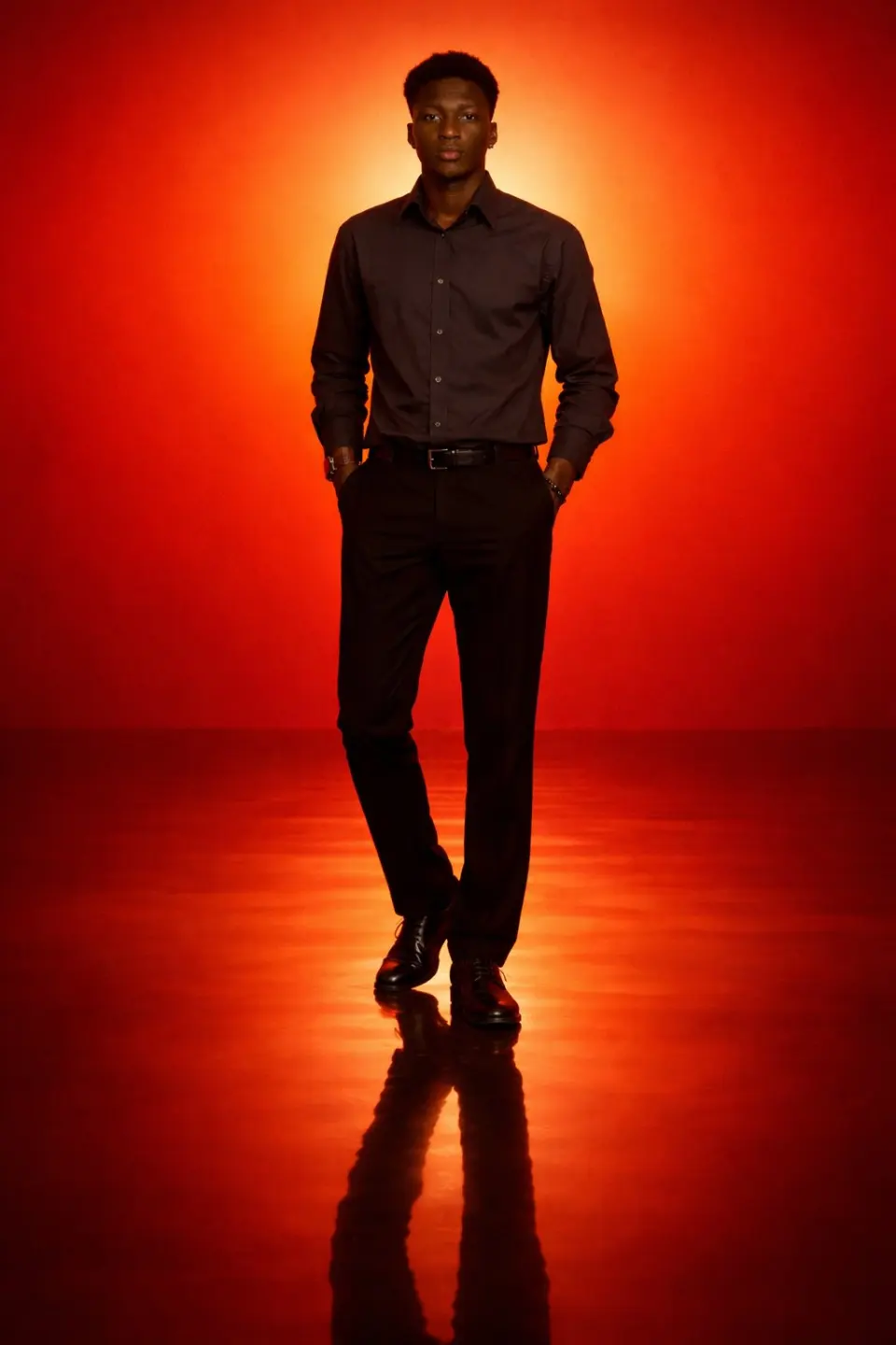 Generate a cinematic minimal portrait of a solitary man standing in an intense orange to red gradient environment, strong silhouette lighting, deep shadow contrast, reflective glossy floor, symmetrical composition, minimal