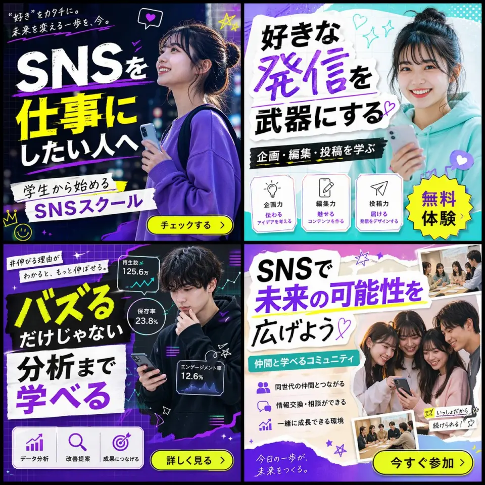 Generates a 2x2 grid of diverse banner advertisements for a social media school, featuring different target demographics, color schemes, and marketing copy.

{
  "type": "2x2 grid of banner advertisements",
  "theme": "{argument name=\"school name\" default=\"SNSスクール\"}",
  "target_audience": "{argument name=\"target audience\" default=\"学生\"}",
  "layout": {
    "grid": "2x2",
    "panels": [
      {
        "position": "top-left",
        "style": "dark neon, blue and purple",
        "subject": "young woman looking up hopefully, holding a smartphone, wearing a purple sweatshirt",
        "main_text": "{argument name=\"banner 1 headline\" default=\"SNSを仕事にしたい人へ\"}",
        "sub_text": "“好き”をカタチに。未来を変える一歩を、今。",
        "elements": [
          "white and yellow typography",
          "yellow call-to-action button: チェックする >",
          "hand-drawn neon accents (crown, stars, heart)"
        ]
      },
      {
        "position": "top-right",
        "style": "bright, pop, cyan and white",
        "subject": "young woman smiling directly at camera, holding a smartphone, wearing a teal hoodie, hair in a bun",
        "main_text": "{argument name=\"banner 2 headline\" default=\"好きな発信を武器にする\"}",
        "sub_text": "企画・編集・投稿を学ぶ",
        "elements": [
          "torn paper texture backgrounds for text",
          "yellow starburst sticker: 無料体験",
          "3 feature icons with text: lightbulb (企画力), pencil (編集力), paper plane (投稿力)"
        ]
      },
      {
        "position": "bottom-left",
        "style": "dark, analytical, neon purple and green",
        "subject": "young man looking thoughtfully at his smartphone, wearing a black hoodie",
        "main_text": "{argument name=\"banner 3 headline\" default=\"バズるだけじゃない 分析まで学べる\"}",
        "sub_text": "#伸びる理由がわかると、もっと伸ばせる。",
        "elements": [
          "3 floating holographic data panels with line graphs and stats (125.6万, 23.8%, 12.6%)",
          "3 feature icons at bottom: bar chart (データ分析), magnifying glass (改善提案), target (成果につなげる)",
          "yellow call-to-action button: 詳しく見る >"
        ]
      },
      {
        "position": "bottom-right",
        "style": "bright, friendly, purple and white",
        "subject": "group of 4 young people (3 women, 1 man) huddled together smiling at a smartphone",
        "main_text": "SNSで未来の可能性を広げよう",
        "sub_text": "仲間と学べるコミュニティ",
        "elements": [
          "torn paper texture backgrounds for text",
          "3 bullet points with icons (people, speech bubbles, rising chart)",
          "2 polaroid-style inset photos showing students studying at a desk",
          "yellow call-to-action button: 今すぐ参加 >"
        ]
      }
    ]
  }
}