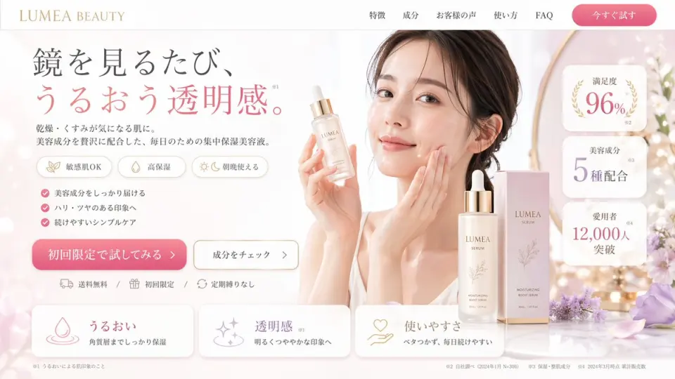 Generates a clean, feminine e-commerce landing page hero section for a beauty product, featuring a model, product shots, and structured marketing copy.
{
  "type": "e-commerce landing page hero section mockup",
  "aesthetic": "clean, bright, airy, feminine, floral accents with purple flowers, {argument name=\"primary color\" default=\"soft pink\"} and white color palette, soft lighting",
  "header": {
    "logo": "{argument name=\"brand name\" default=\"LUMEA BEAUTY\"}",
    "navigation_links": {
      "count": 5,
      "labels": ["特徴", "成分", "お客様の声", "使い方", "FAQ"]
    },
    "cta_button": "今すぐ試す"
  },
  "hero_section": {
    "left_column": {
      "headline": "{argument name=\"headline text\" default=\"鏡を見るたび、うるおう透明感。\"}",
      "subheadline": "乾燥・くすみが気になる肌に。美容成分を贅沢に配合した、毎日のための集中保湿美容液。",
      "feature_badges": {
        "count": 3,
        "style": "pill-shaped with small icons",
        "labels": ["敏感肌OK", "高保湿", "朝晩使える"]
      },
      "bullet_points": {
        "count": 3,
        "style": "pink checkmarks",
        "labels": ["美容成分をしっかり届ける", "ハリ・ツヤのある印象へ", "続けやすいシンプルケア"]
      },
      "cta_buttons": {
        "count": 2,
        "labels": ["初回限定で試してみる >", "成分をチェック >"]
      },
      "trust_badges": "送料無料 / 初回限定 / 定期縛りなし"
    },
    "center_subject": {
      "model": "{argument name=\"model description\" default=\"young East Asian woman smiling, touching her cheek\"}",
      "action": "holding a dropper bottle of serum"
    },
    "right_column": {
      "product_display": {
        "count": 2,
        "items": ["{argument name=\"product type\" default=\"moisturizing boost serum\"} dropper bottle", "packaging box"]
      },
      "stat_cards": {
        "count": 3,
        "style": "floating white rounded rectangles with gold accents",
        "labels": ["満足度 96%", "美容成分 5種配合", "愛用者 12,000人突破"]
      }
    }
  },
  "bottom_section": {
    "benefit_cards": {
      "count": 3,
      "style": "horizontal white rounded rectangles with icons",
      "labels": ["うるおい", "透明感", "使いやすさ"]
    }
  }
}