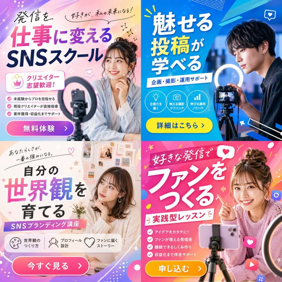 Generates a 2x2 grid of promotional banner ads for a social media or content creation school, featuring diverse models, vibrant layouts, and customizable Japanese typography.

{"type": "2x2 grid of promotional banner ads", "theme": "{argument name=\"course theme\" default=\"Social Media Content Creation School\"}", "panels": [{"position": "top-left", "color_palette": "light blue and pink pastel gradient", "subject": "young woman smiling, resting chin on hand, smartphone and ring light in foreground", "typography": {"headline": "{argument name=\"top left headline\" default=\"発信を仕事に変える SNSスクール\"}", "subheadings": ["好きが、私の未来になる！", "クリエイター志望歓迎！"]}, "layout_elements": {"bullet_points_count": 3, "call_to_action_button": "pink button labeled '無料体験 >'"}}, {"position": "top-right", "color_palette": "deep blue and cyan geometric", "subject": "young man looking intently at a professional camera on a tripod with a ring light", "typography": {"headline": "{argument name=\"top right headline\" default=\"魅せる投稿が学べる\"}", "subheadings": ["企画・撮影・運用サポート"]}, "layout_elements": {"circular_icons_count": 3, "icon_types": ["lightbulb", "camera", "bar chart"], "call_to_action_button": "yellow button labeled '詳細はこちら >'"}}, {"position": "bottom-left", "color_palette": "soft beige and white aesthetic", "subject": "young woman looking thoughtfully to the side, mood board background", "typography": {"headline": "{argument name=\"bottom left headline\" default=\"自分の世界観を育てる\"}", "subheadings": ["あなたらしさが、一番の強みになる。", "SNSブランディング講座"]}, "layout_elements": {"horizontal_icons_count": 3, "icon_types": ["palette", "person", "heart"], "call_to_action_button": "pink button labeled '今すぐ見る >'"}}, {"position": "bottom-right", "color_palette": "vibrant pink and magenta pop design", "subject": "young woman smiling brightly, pointing at text, messy bun, smartphone on tripod", "typography": {"headline": "{argument name=\"bottom right headline\" default=\"好きな発信でファンをつくる\"}", "subheadings": ["実践型レッスン"]}, "layout_elements": {"bullet_points_count": 4, "call_to_action_button": "yellow button labeled '申し込む >'"}}]}