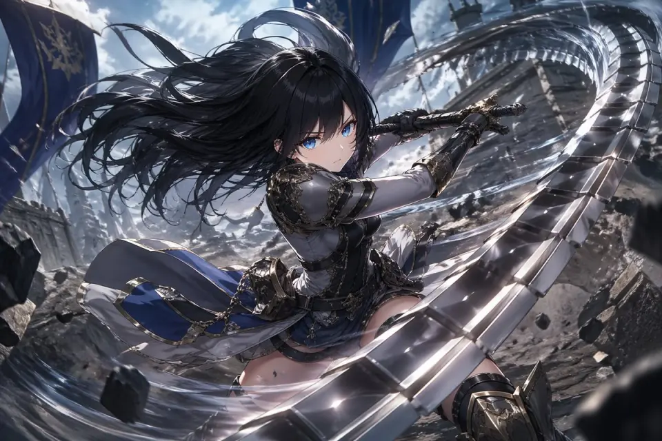 Generates a high-quality anime illustration of a female warrior in a dynamic combat pose wielding a segmented whip-sword in a battlefield setting.
A highly detailed anime illustration of a fierce female warrior with long flowing {argument name="hair color" default="black"} hair and piercing {argument name="eye color" default="blue"} eyes, wearing a mix of silver plate armor with gold trim and a {argument name="outfit color" default="blue and white"} tunic. She is captured in a dynamic combat stance, swinging a massive, {argument name="weapon type" default="segmented metallic whip-sword"} that curves dramatically into the extreme foreground. The weapon leaves a sweeping trail of kinetic energy and wind. The scene is set against a {argument name="background setting" default="ruined battlefield with rocky terrain, floating debris, and large blue banners fluttering in the wind"} under a dramatic cloudy sky. The artwork features cinematic lighting, intense action, and a dramatic forced perspective on the weapon.