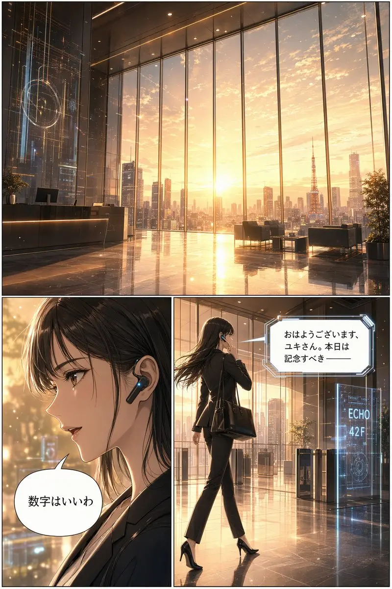 {
  "type": "3-panel manga page",
  "style": "anime, highly detailed, cinematic lighting, futuristic corporate",
  "layout": {
    "structure": "1 wide top panel, 2 square bottom panels"
  },
  "panels": [
    {
      "position": "top",
      "shot": "wide landscape",
      "scene": "Futuristic corporate lobby with floor-to-ceiling windows",
      "lighting": "{argument name=\"time of day\" default=\"sunrise\"}",
      "background": "City skyline featuring {argument name=\"landmark\" default=\"Tokyo Tower\"}",
      "details": "Holographic displays, polished reflective floor, reception desk, lounge chairs"
    },
    {
      "position": "bottom left",
      "shot": "close-up profile",
      "character": "Young woman, dark hair, black business suit",
      "accessories": "Futuristic black earpiece with glowing blue light",
      "speech_bubble": {
        "style": "standard rounded",
        "text": "{argument name=\"character dialogue\" default=\"数字はいいわ\"}"
      }
    },
    {
      "position": "bottom right",
      "shot": "full body, walking away, touching earpiece",
      "character": "Same woman, black suit, black heels, carrying a black tote bag",
      "environment": "Approaching security gates",
      "holographic_sign": "{argument name=\"floor sign\" default=\"ECHO 42F\"}",
      "speech_bubble": {
        "style": "futuristic angular",
        "text": "{argument name=\"AI dialogue\" default=\"おはようございます、ユキさん。本日は記念すべき ──\"}"
      }
    }
  ]
}