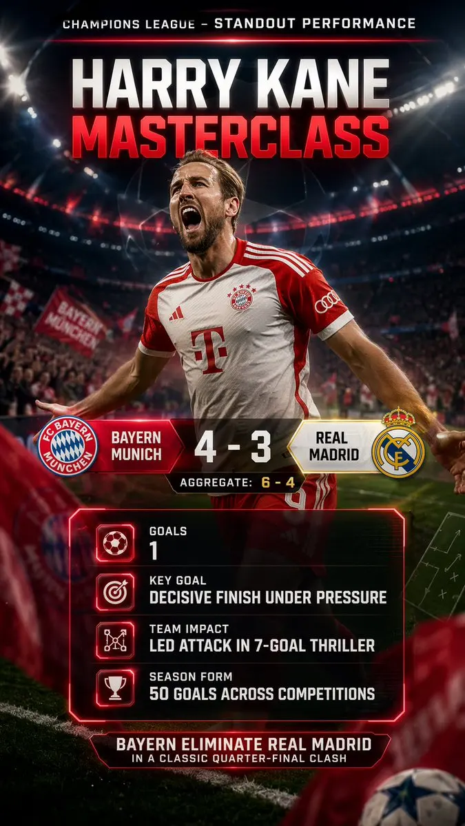 Search the web for this week’s standout individual performance in Champion’s League, using exact stats and game summary, bold team colors, legible score breakdown, and generate a Highlight card.