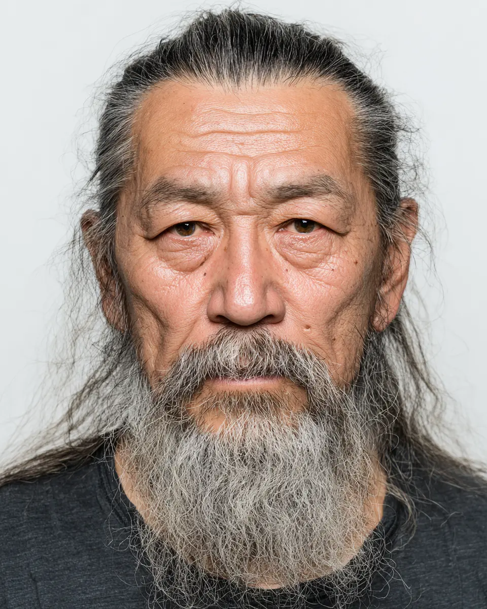 a korean male model, A frontal photo of 70 year old amateur senior korean male model, model composite card, dry and natural model face, Dark skin tone compared to other Asians, black horizontally long eyes, Nearly white mustache and long beard, long hair, wearing a grunge t-shirts, natural body type, old man has tired face, empty eyes, The image is clear with no blurring, showcasing highdefinition and realistic skin details, unedited skin, emphasizing clear and realistic eye details, iris detail, half length frontal shot, closeup view, face portrait, clean, The photo is bright, shot in 8K resolution, front lighting, Canon professional camera with an aperture of 5.2 against a white background --ar 4:5 --raw --v 7