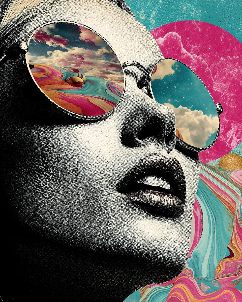 impresión artística de collage retro cósmico, vibraciones espaciales surrealistas --ar 4:5 --quality 4 --profile c288aj7 --v 7