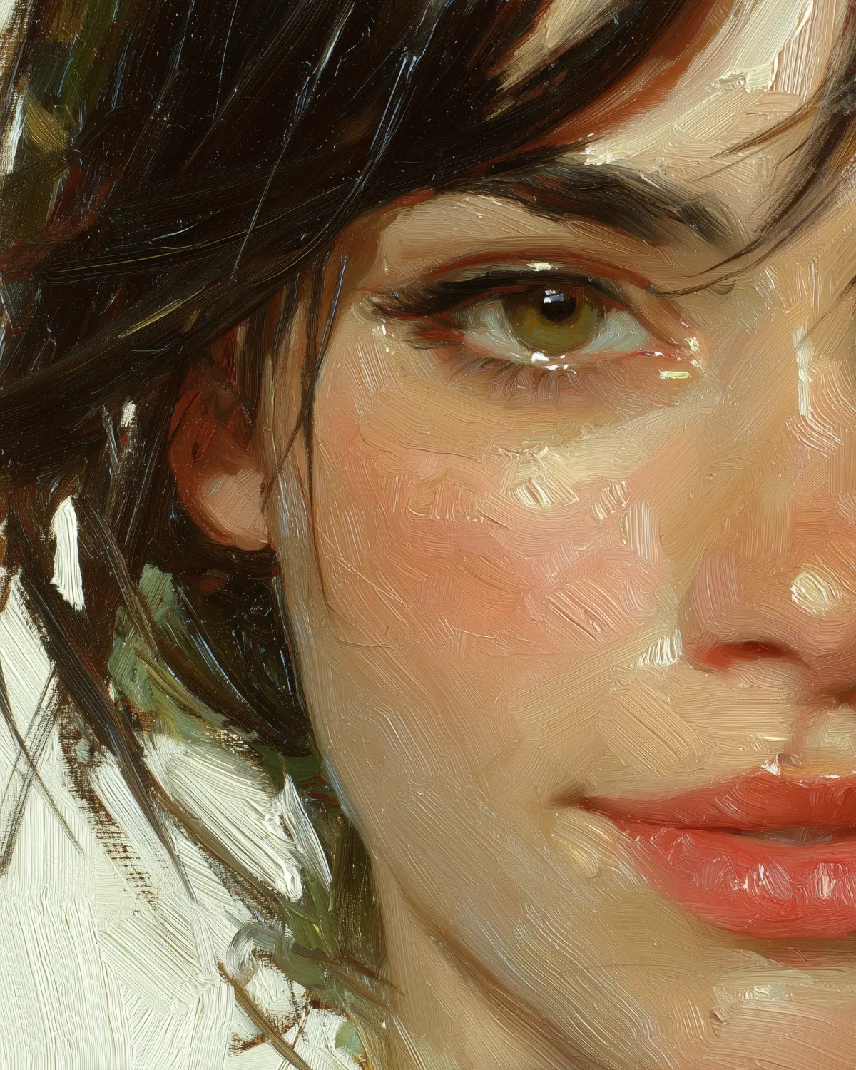 realistic oil painting, close-up of a woman's face, only half of her face visible on the right side, focus on one eye slightly watery with subtle tears, expressive and emotional, textured brush strokes, warm earthy tones, soft lighting, large white negative space on the left, fine art portrait --chaos 40 --ar 4:5 --v 7