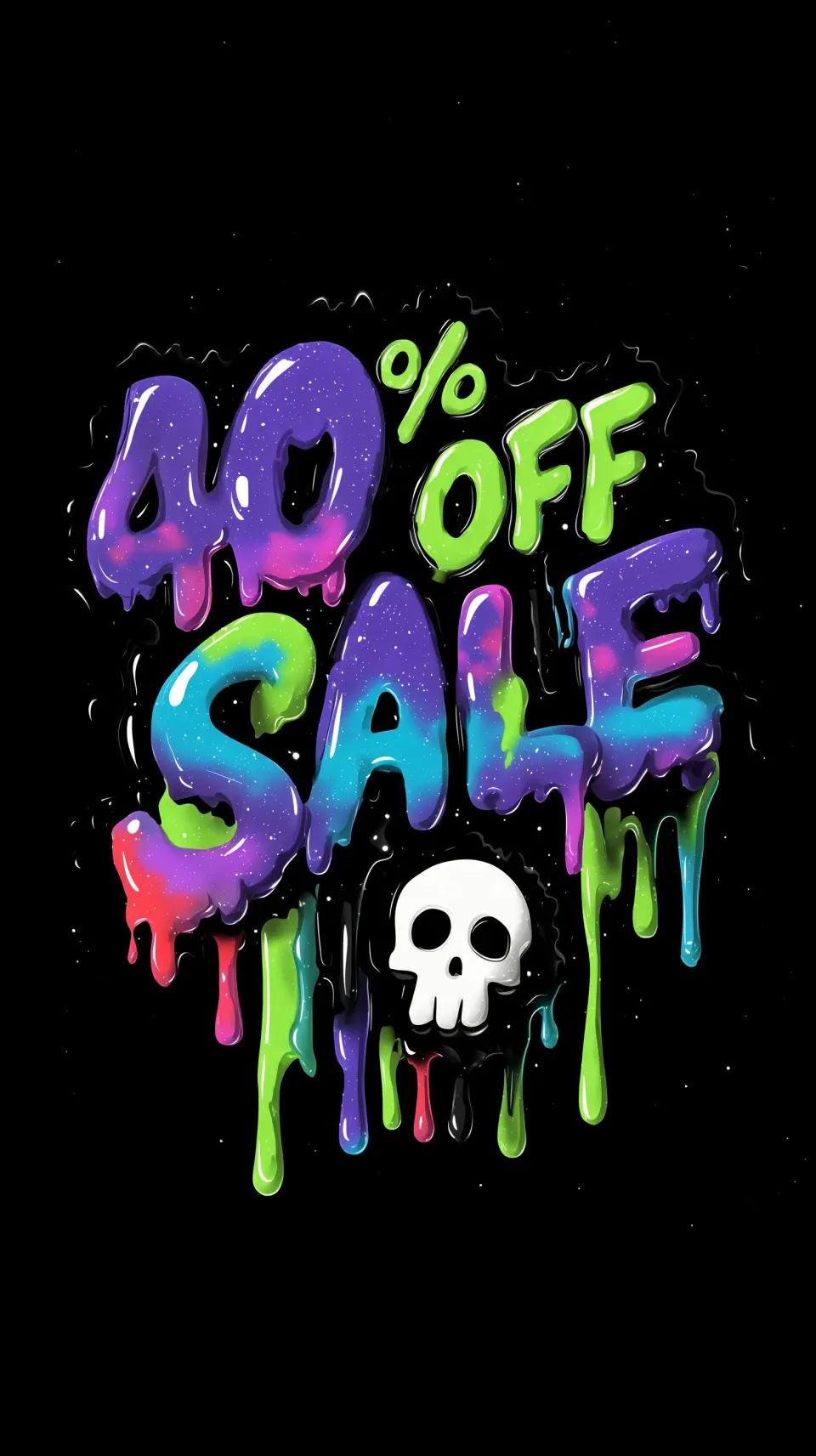 3D Halloween text icon, bold hand-drawn font, vivid Halloween color palette (black base, black and purple glossy drips, green and red highlights), thick dripping texture with soft reflections, tactile, semi-transparent gel effect, ASMR feel, minimal centered composition, text: "40% Off Sale On ♡", with a phone and a cute skull, simple