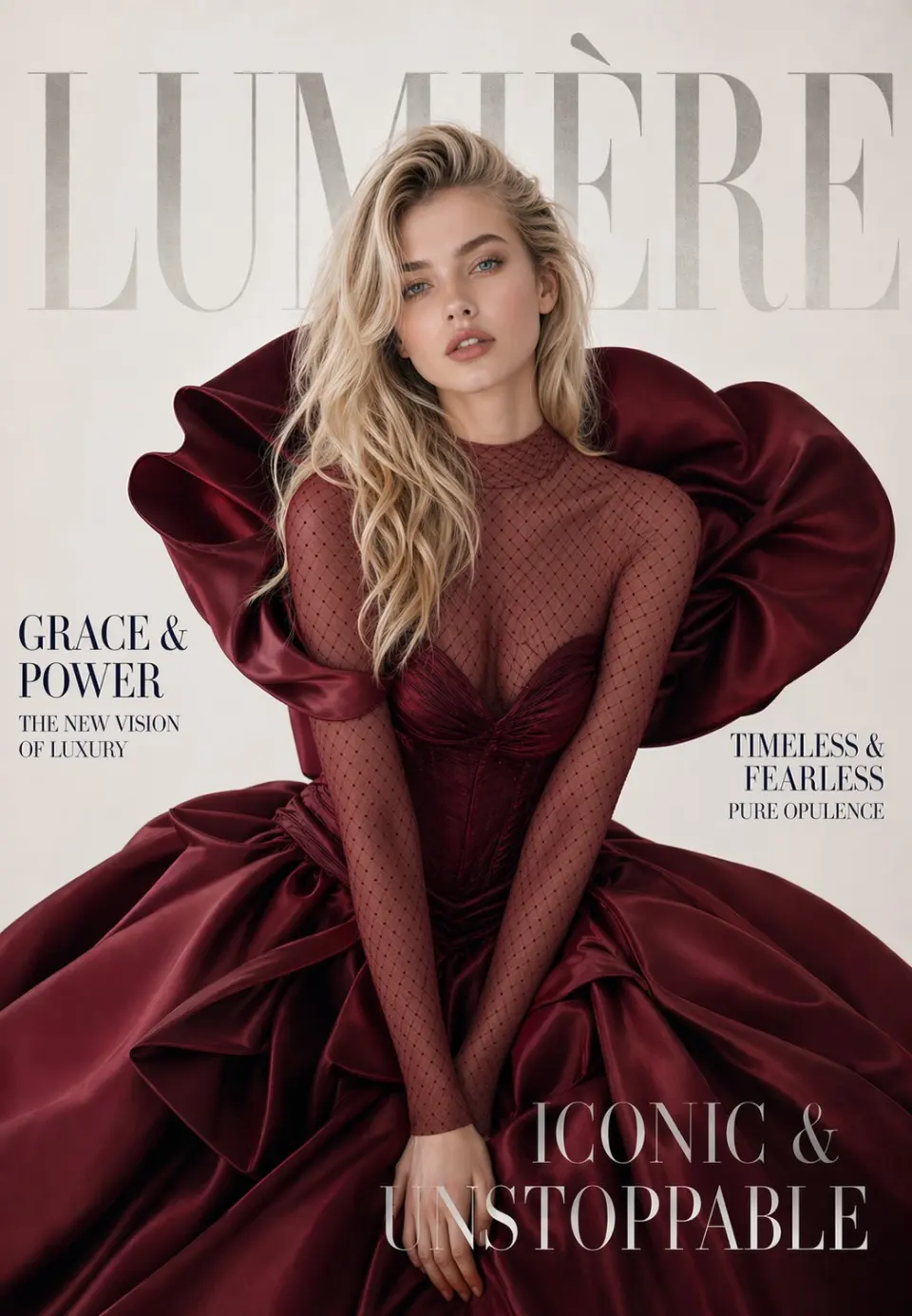 A luxury high-fashion magazine cover. Magazine name at the very top in massive elegant serif font reads "LUMIÈRE" — the letters are large, slightly transparent/ghost-style overlapping the model's head just like ELLE magazine, in soft platinum silver color blending into the background.
Character: A young beautiful white woman, early 20s, soft feminine features, big blue eyes, naturally full lips, flawless porcelain skin, subtle makeup — rosy cheeks, nude lips, defined brows. Her hair is platinum blonde, long and wavy, loosely flowing over one shoulder. She looks directly into the camera with a soft yet powerful gaze. Slight tilt of the head, naturally elegant posture.
Outfit: She is wearing a dramatic deep burgundy wine-red ballgown — structured corset top with off-shoulder neckline, voluminous layered satin skirt billowing around her dramatically. Behind her shoulders, large sculptural fabric rises like rose petals — same architectural drama as reference. She leans slightly forward, both hands resting gently on her knees.
Background: Pure soft warm white/ivory background — completely clean, minimal, high-end studio editorial. Soft diffused light, no harsh shadows.
Typography — placed EXACTLY like ELLE magazine reference:
Top: "LUMIÈRE" massive serif, platinum/silver, overlapping model's head slightly
Left mid: "GRACE & POWER" bold serif, then smaller below "THE NEW VISION OF LUXURY"
Right mid: "TIMELESS & FEARLESS" bold, then "PURE OPULENCE" smaller below
Bottom right large: "ICONIC & UNSTOPPABLE" elegant large serif
All text in deep charcoal/dark navy. Font style: classic high fashion serif — same weight, spacing, and elegance as ELLE. Text naturally integrated into the composition, NOT floating randomly.
Ultra photorealistic, 8K, real magazine cover quality, perfect typography placement, vertical 9:13 format.