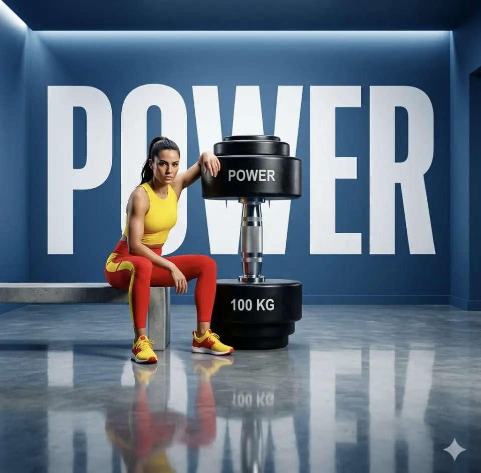 A powerful, athletic woman sitting confidently on a concrete gym bench. She is leaning one arm against a massive, vertically oriented dumbbell that stands nearly as tall as her. The composition is centered and symmetrical, creating a bold, editorial fitness look.
Wardrobe & Styling
Top: Vibrant yellow athletic crop top.
Bottom: Red high-waisted leggings with a yellow racing stripe down the side.
Footwear: Matching yellow and red athletic sneakers.
Hair: Sleek, high dark ponytail.
Environment & Background
Background: A deep blue minimalist gym wall featuring the word "POWER" in massive, white, bold sans-serif typography.
Floor: Polished concrete with a high-gloss finish, showing a clear reflection of the subject and the weights.
The Prop: A stylized, oversized dumbbell standing upright. The top weight plate is labeled "POWER" and the base is labeled "100 KG".
Lighting & Atmosphere
Lighting: Clean, cinematic studio lighting with cool blue rim lighting along the ceiling edges.
Mood: Intense, motivating, and modern.
Quality: High-resolution, photorealistic, sharp focus with vibrant color saturation.
