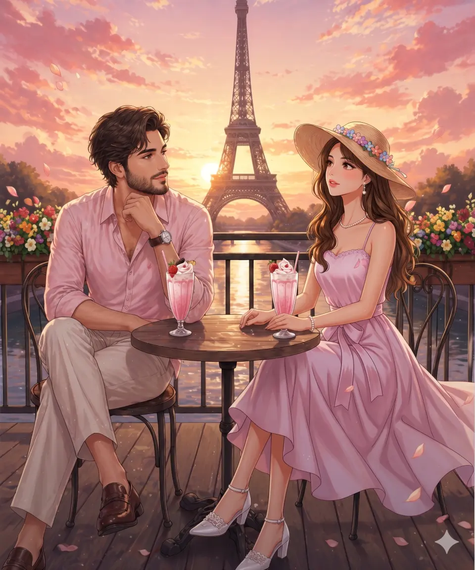 A cinematic romantic illustration of us sitting together at an elegant outdoor Parisian café terrace during golden sunset with the Eiffel Tower centered in the background, keeping both of our real faces unchanged based on two uploaded reference images (one reference image per person). We are seated gracefully across from each other at a small round café table in a balanced composition. I am wearing a soft pink sleeveless dress with a wide straw hat decorated with small flowers, sitting with a relaxed posture slightly turned toward the second person. The second person is seated opposite me wearing a coordinated pastel outfit with a light pink shirt and neutral trousers, resting one arm naturally on the table while looking toward me with a calm warm expression, creating a romantic interaction. Both of us are holding tall strawberry milkshake glasses placed on the café table, enhancing the lifestyle Paris terrace aesthetic. The environment features decorative flower-filled balcony railings, soft river reflections beneath the Eiffel Tower, drifting petals in the air, and glowing sunset clouds in warm pink and golden tones that create a dreamy travel atmosphere. Lighting is soft golden-hour backlighting with warm highlights on hair and clothing and gentle ambient glow across the terrace, producing a premium romantic anime-style editorial illustration look. The composition is vertical in a portrait format (896x1169px).