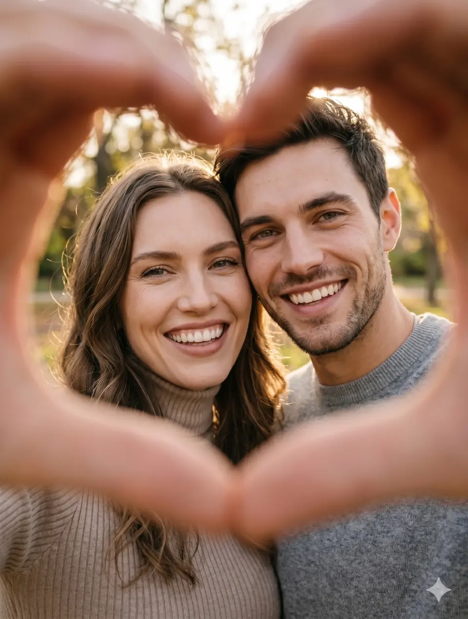 A warm and joyful close-up portrait of a couple seen through a heart shape made with hands in the foreground. Both faces are in sharp focus with wide, genuine smiles. The woman has long brown hair in a neutral turtleneck; the man has dark hair and a trimmed beard in a neutral crewneck. Softly blurred outdoor park background with creamy bokeh and natural golden lighting. The composition is vertical in a portrait format (896x1169px).