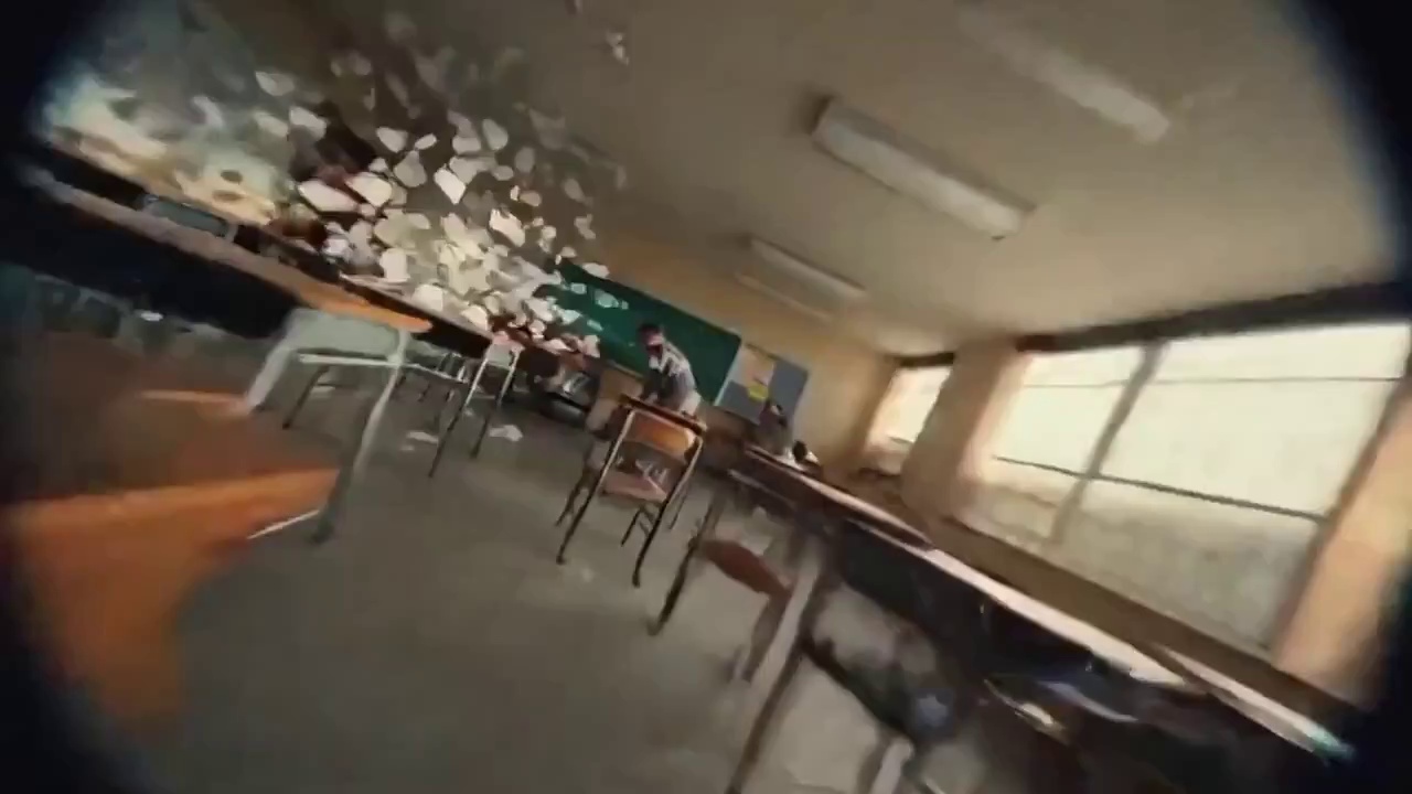 Kinetic, high-octane FPV drone POV. Shot on an 8mm fisheye lens with extreme barrel distortion and erratic, unstable camera movements. A continuous seamless single-take careening at blistering speed through a disheveled US school classroom. Rows of desks are violently upended by an unseen telekinetic force. Thousands of exam papers swirl chaotically in the air, creating a volumetric vortex of white particles. Horrified students are seen screaming, ducking, and diving for cover to dodge flying debris. The camera smashes explosively through a windowpane, scattering shattered glass in slow-motion physics. Without breaking the shot, it transitions into a high-speed cinematic flight weaving tightly between towering red brick academic buildings. Dramatic, harsh high-contrast lighting: alternating between strobing fluorescent indoor lights and the intense, golden-orange glow of a harsh twilight sunset outdoors. Heavy motion blur, photorealistic physics, ultimate sense of warp speed, 4K.