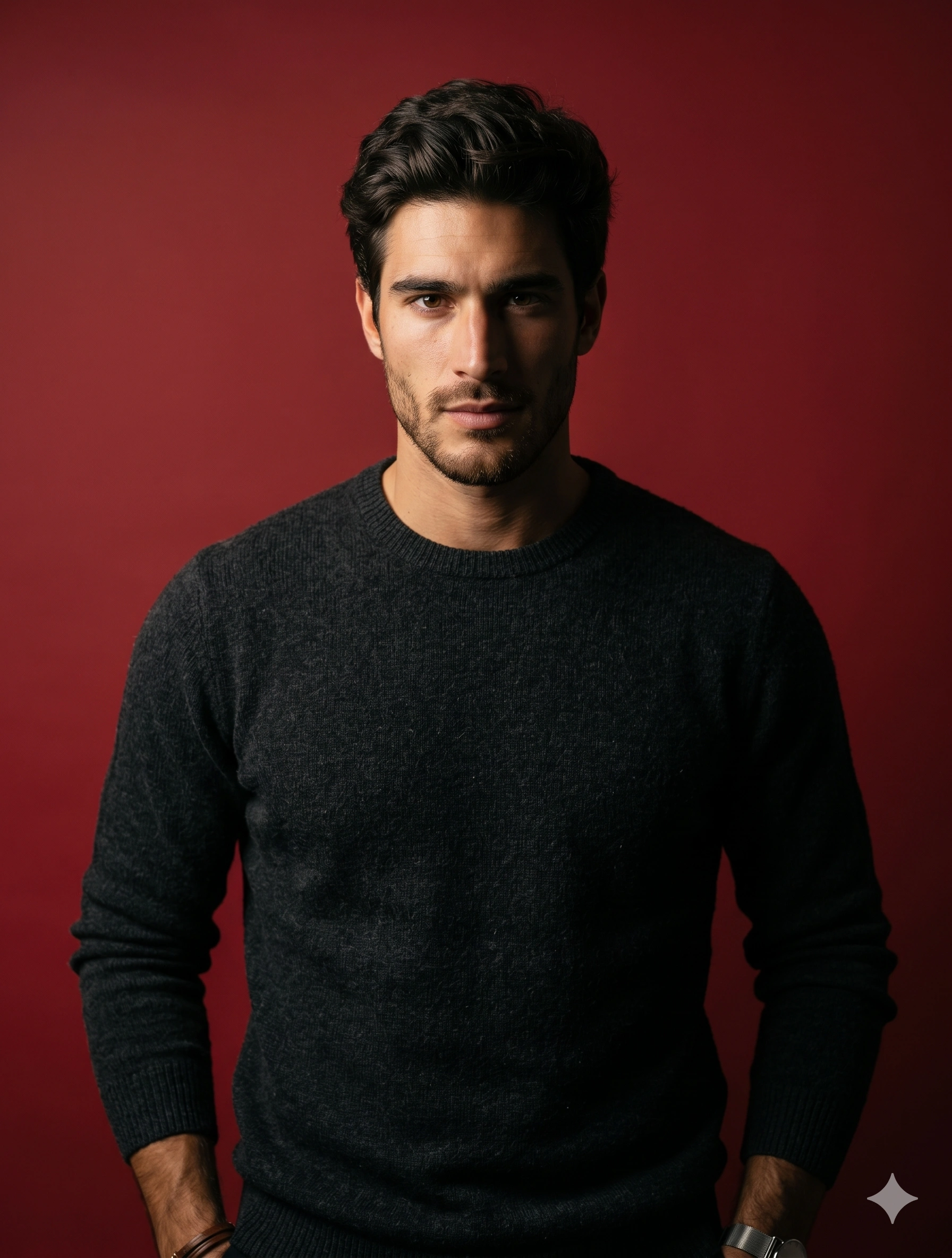 A cinematic studio portrait of me, keeping my real face unchanged. I am facing directly toward the camera in a centered composition, captured from the chest up with a straight and confident posture. My gaze is steady and intense, looking straight into the lens with a calm, serious expression. I am wearing a dark textured crewneck sweater with a minimal and modern appearance. The background is a smooth solid deep red studio backdrop, creating strong contrast with my dark clothing and skin tones. Lighting is cinematic and directional, using a strong split-light setup that illuminates one side of my face while the other side falls into soft shadow. The composition is vertical in a portrait format (896x1169px).