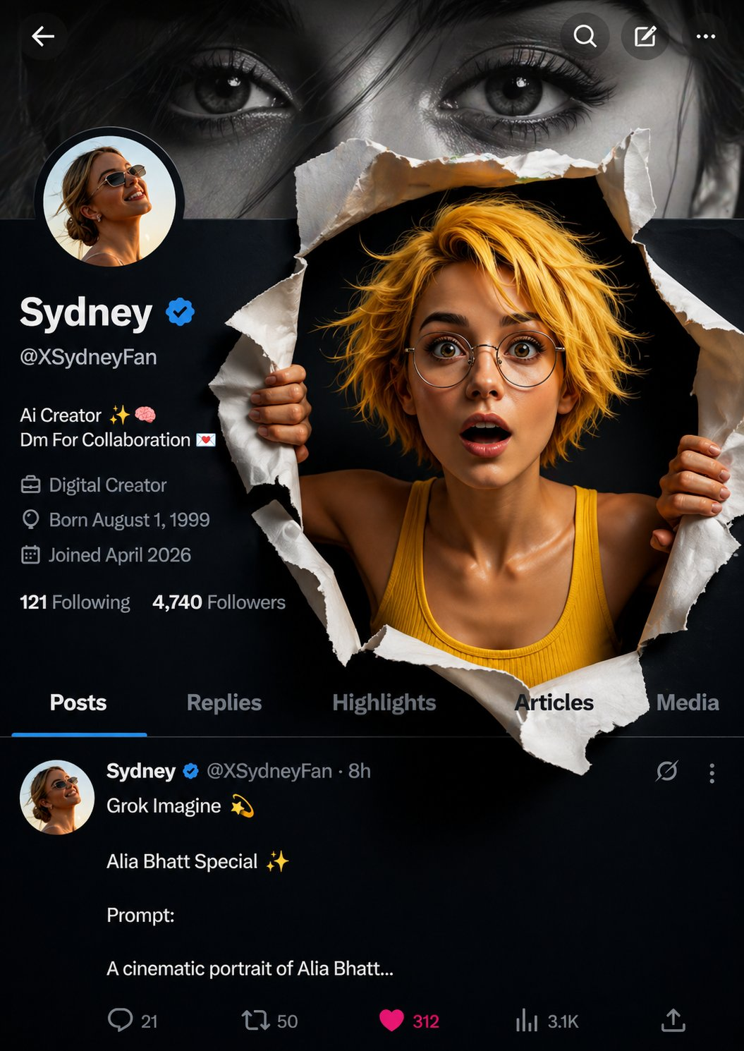A creative 3D photo manipulation of a social media profile interface, featuring a surprised young woman with short messy yellow hair, round glasses, and expressive wide eyes, wearing a sleeveless yellow top. She is breaking through a torn paper effect from the screen, holding the ripped edges with both hands. The tear reveals a dark background behind her, adding depth. The UI resembles a modern social media profile page with profile picture, username “Sydney”, verified badge, bio text, and follower stats. Top banner shows a black-and-white close-up of eyes. Clean minimal layout, soft shadows, realistic lighting, high detail, depth-of-field, ultra-realistic textures, cinematic composition, vibrant color contrast, trending AI art style, 4K resolution.