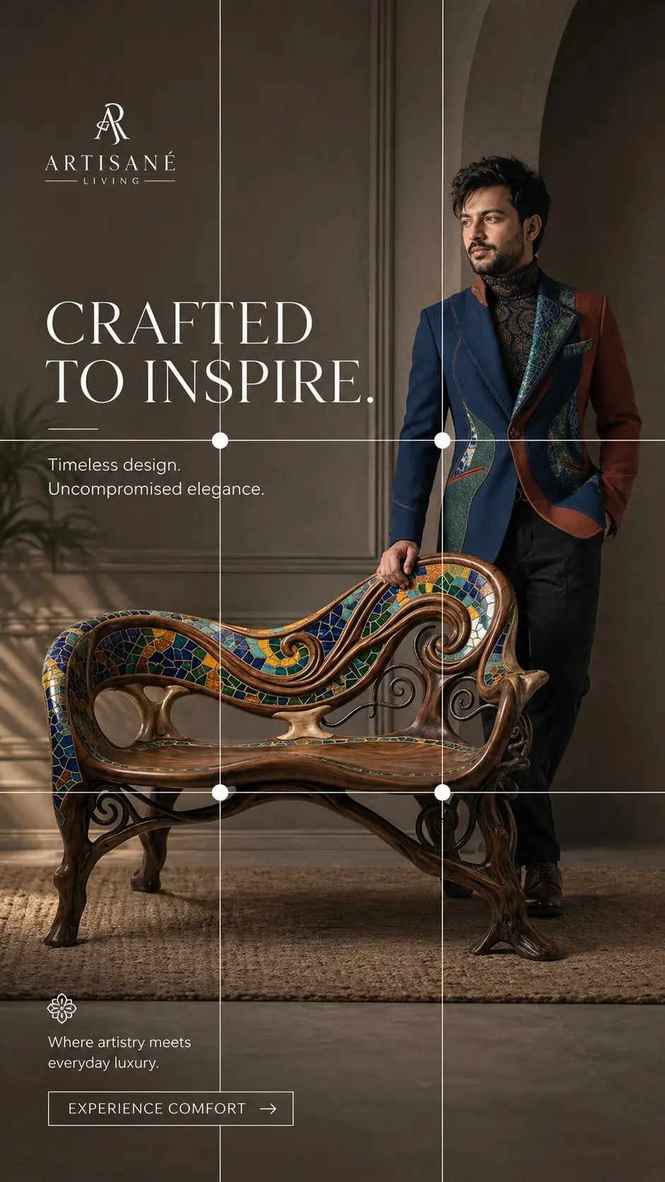 Design a high-end furniture advertisement poster using the provided reference images of the model and the furniture product as the main subject. The composition must strictly follow the rule of thirds, positioning the model and the furniture strategically along intersecting grid lines to create visual balance and hierarchy.
Ensure strong application of core design principles including contrast, alignment, proximity, repetition, and visual hierarchy. The furniture should remain the focal point, with the model enhancing scale, lifestyle context, and emotional appeal without overpowering the product.
Use a clean, modern layout with ample negative space to emphasize sophistication and premium quality. Lighting should be soft yet directional, enhancing textures and materials of the furniture.
Typography must:
Be entirely white in color
Match the style and personality of the furniture (e.g., elegant serif for luxury, minimal sans-serif for modern pieces)
Maintain clear hierarchy (headline, subheading, CTA)
Be placed according to the rule of thirds, avoiding clutter and ensuring readability
Include:
A compelling headline
A short tagline or value proposition
Brand logo placement (subtle but visible)
Optional call-to-action (e.g., “Shop Now”, “Experience Comfort”)
Overall tone: premium, aspirational, clean, and visually balanced, suitable for a high-end furniture brand campaign.
Make the aspect ratio 9:16