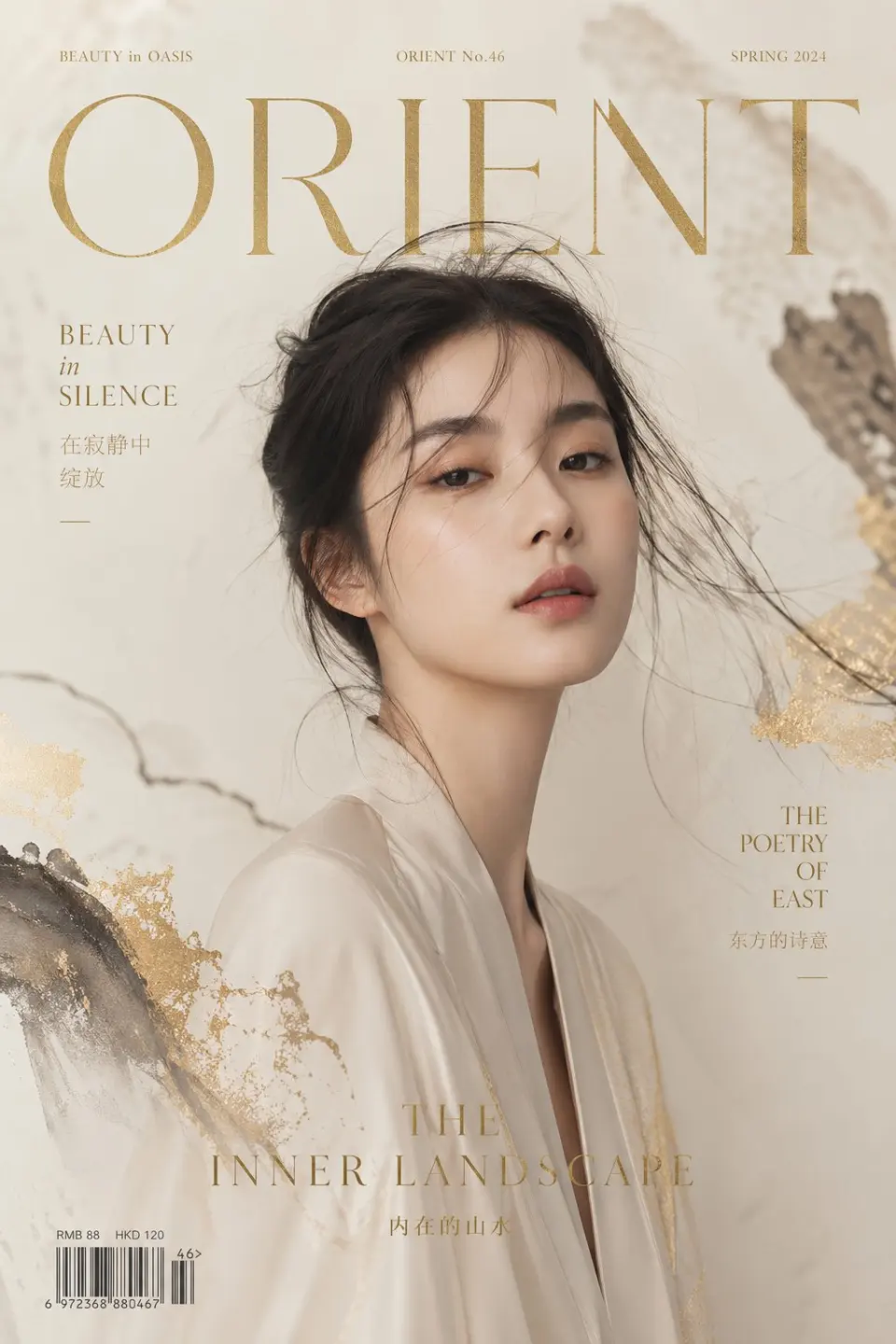 Luxury editorial cover, title "ZEN MODE", featuring a conceptual portrait of a modern Asian model,
background with ink wash gradients and abstract brush textures, light mist atmosphere,
flowing fabric inspired by traditional garments, minimal and contemporary styling,
soft cinematic lighting, low contrast, gallery-level composition,
ink black, ivory, and muted gold palette,
high fashion + contemporary art fusion, ultra refined, 8K --ar 2:3 --style raw