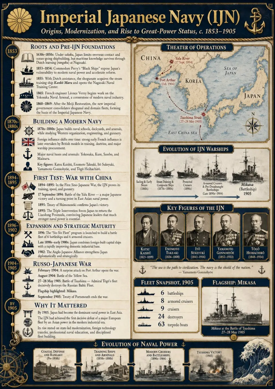 An optimal infographic detailing the origins and evolution of the Imperial Japanese Navy (IJN) from its origins through to the end of the Russo-Japanese war. Elegant visual appearance with nautical theme.