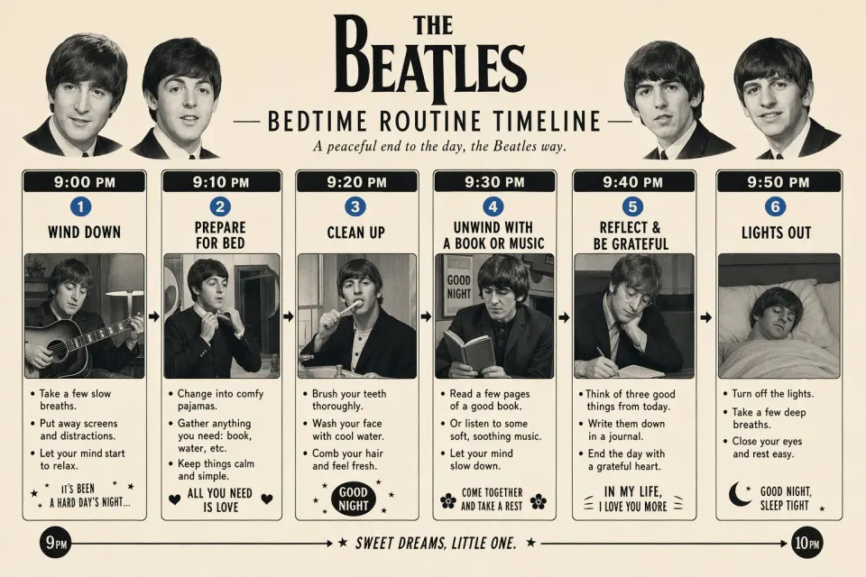 Make a detailed step by step timeline of a bed time routine from 9PM to 10PM, in the style of The Beatles