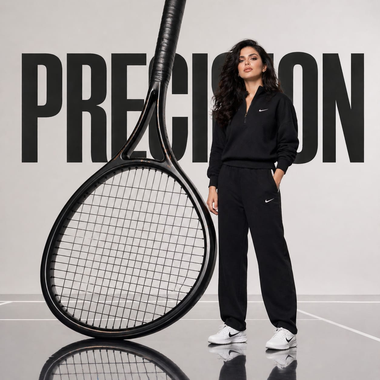 Avant-garde athletic fashion campaign set in a pristine studio environment, featuring an oversized tennis racket transformed into a monumental sculptural element. A female athlete (same face and identity as the reference) stands confidently beside it, one foot placed on the frame of the racket in a poised, dominant stance. Her outfit is elevated luxury sportswear, with a skirt that extends cleanly to the knees, maintaining elegance and movement control. Behind her, the word “PRECISION” appears in large, striking typography, integrated seamlessly into the scene. The setting is a crisp white backdrop with a glossy, court-inspired reflective floor. Lighting is cinematic and sculptural, emphasizing form, texture, and contrast. Ultra-minimal, high-fashion editorial composition, square 1:1 framing.