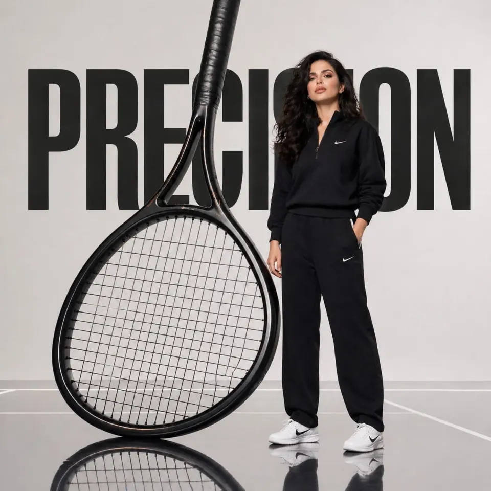 Avant-garde athletic fashion campaign set in a pristine studio environment, featuring an oversized tennis racket transformed into a monumental sculptural element. A female athlete (same face and identity as the reference) stands confidently beside it, one foot placed on the frame of the racket in a poised, dominant stance. Her outfit is elevated luxury sportswear, with a skirt that extends cleanly to the knees, maintaining elegance and movement control. Behind her, the word “PRECISION” appears in large, striking typography, integrated seamlessly into the scene. The setting is a crisp white backdrop with a glossy, court-inspired reflective floor. Lighting is cinematic and sculptural, emphasizing form, texture, and contrast. Ultra-minimal, high-fashion editorial composition, square 1:1 framing.