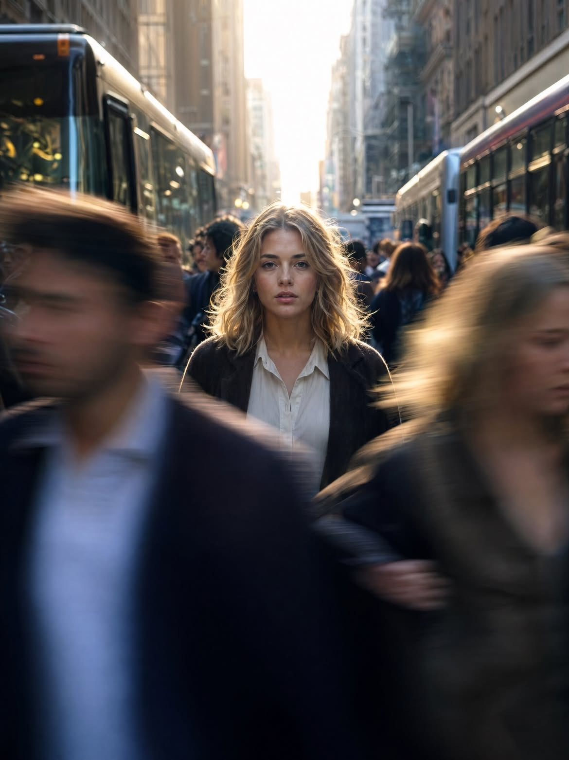Cinematic street photography of a young woman standing still in the center of a crowded city street during golden hour, sharp focus on her face while people rush past in motion blur, creating a sense of isolation and stillness in chaos. She has natural makeup, soft wavy blonde hair, wearing a minimal white shirt and dark blazer. Background filled with tall urban buildings and buses on both sides, warm sunlight glowing from behind, backlighting her hair with a soft halo effect. Shallow depth of field, 50mm lens look, high dynamic range, realistic skin texture, subtle film grain, symmetrical composition, leading lines drawing toward subject, moody yet calm expression, ultra-realistic, editorial fashion photography style.