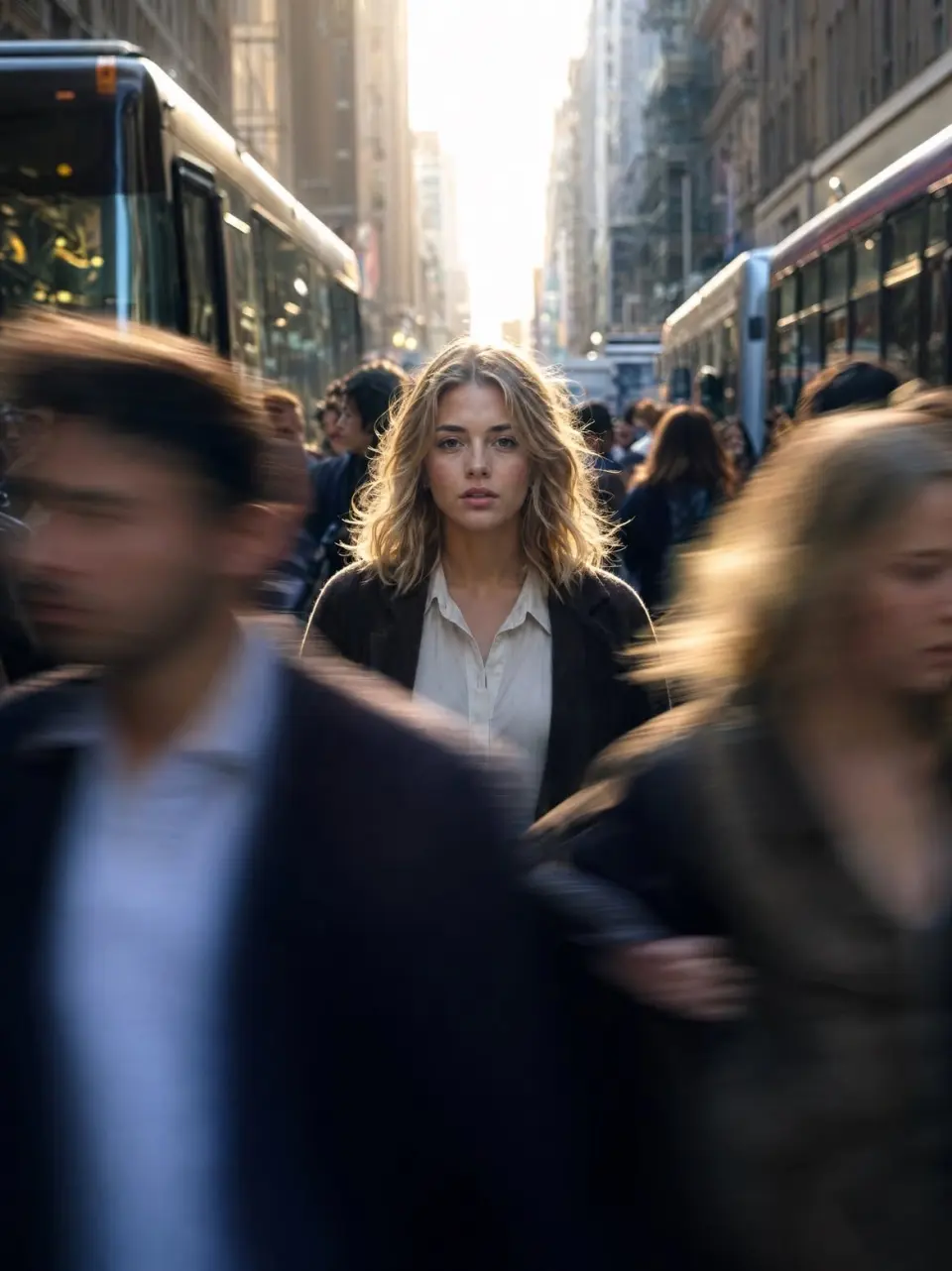 Cinematic street photography of a young woman standing still in the center of a crowded city street during golden hour, sharp focus on her face while people rush past in motion blur, creating a sense of isolation and stillness in chaos. She has natural makeup, soft wavy blonde hair, wearing a minimal white shirt and dark blazer. Background filled with tall urban buildings and buses on both sides, warm sunlight glowing from behind, backlighting her hair with a soft halo effect. Shallow depth of field, 50mm lens look, high dynamic range, realistic skin texture, subtle film grain, symmetrical composition, leading lines drawing toward subject, moody yet calm expression, ultra-realistic, editorial fashion photography style.