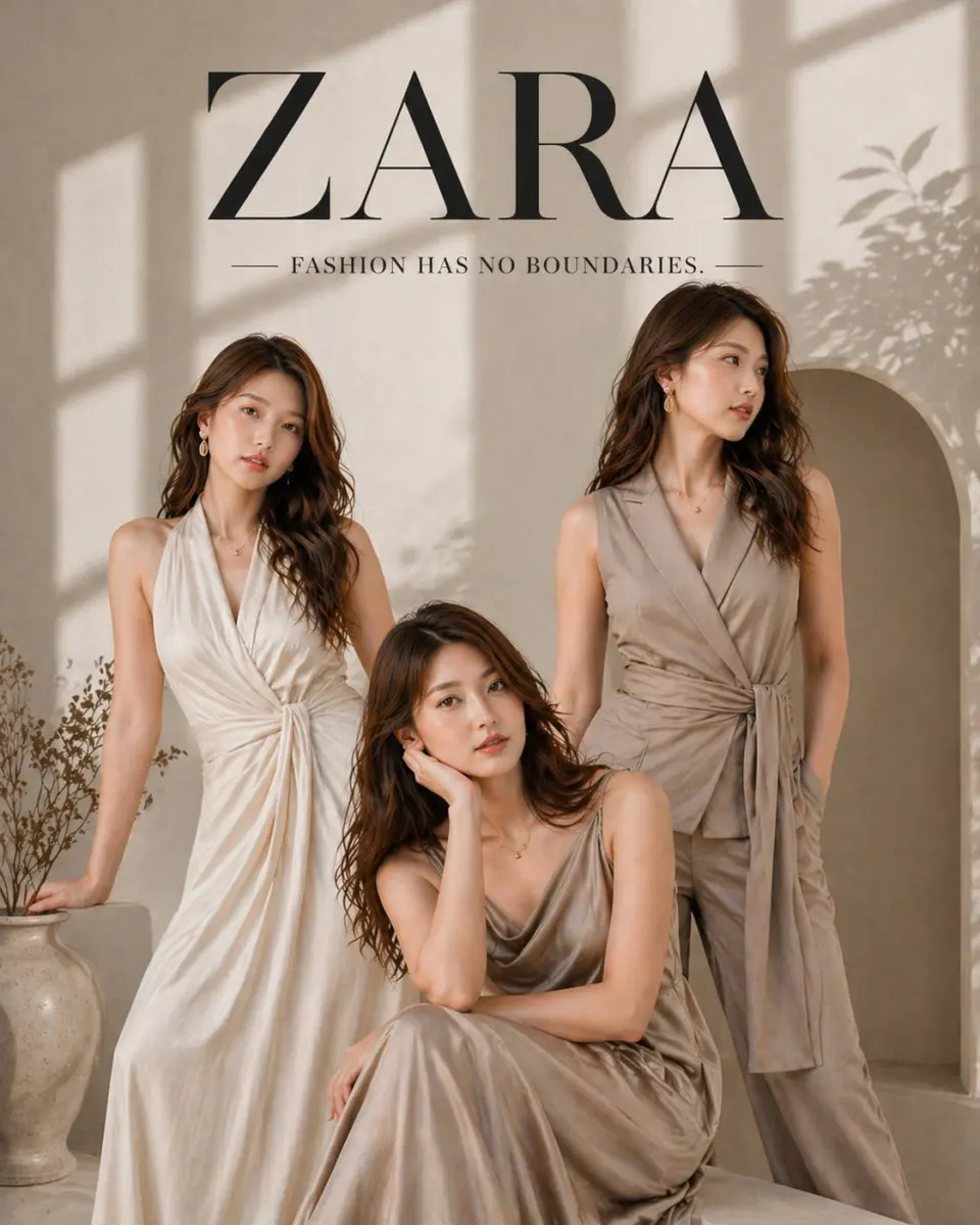 Luxury fashion advertisement poster, ZARA style, minimalist editorial aesthetic, soft beige and warm neutral color palette, natural window light casting soft shadows, high-end magazine photography.
Three elegant female models (same face across all poses), styled with smooth glowing skin, soft makeup, wavy brown hair, wearing premium neutral-toned outfits (flowy satin dress, wrap dress, tailored sleeveless suit in beige/cream tones), modern and classy styling.
Poses:
Standing relaxed, one hand touching hair, confident gaze
Standing sideways, looking away, soft expression
Sitting pose, leaning slightly forward with hand on face, elegant posture
Background: minimal studio with curved arch wall, soft sunlight shadows, subtle plant silhouette, ceramic vase for aesthetic detail.
Typography: Top: “ZARA” in large premium serif font
Below: “FASHION HAS NO BOUNDARIES.” in clean uppercase minimal font
Style: ultra-realistic, sharp focus, cinematic lighting, soft shadows, premium editorial composition, high fashion campaign look, 4K quality, clean layout, luxury branding.