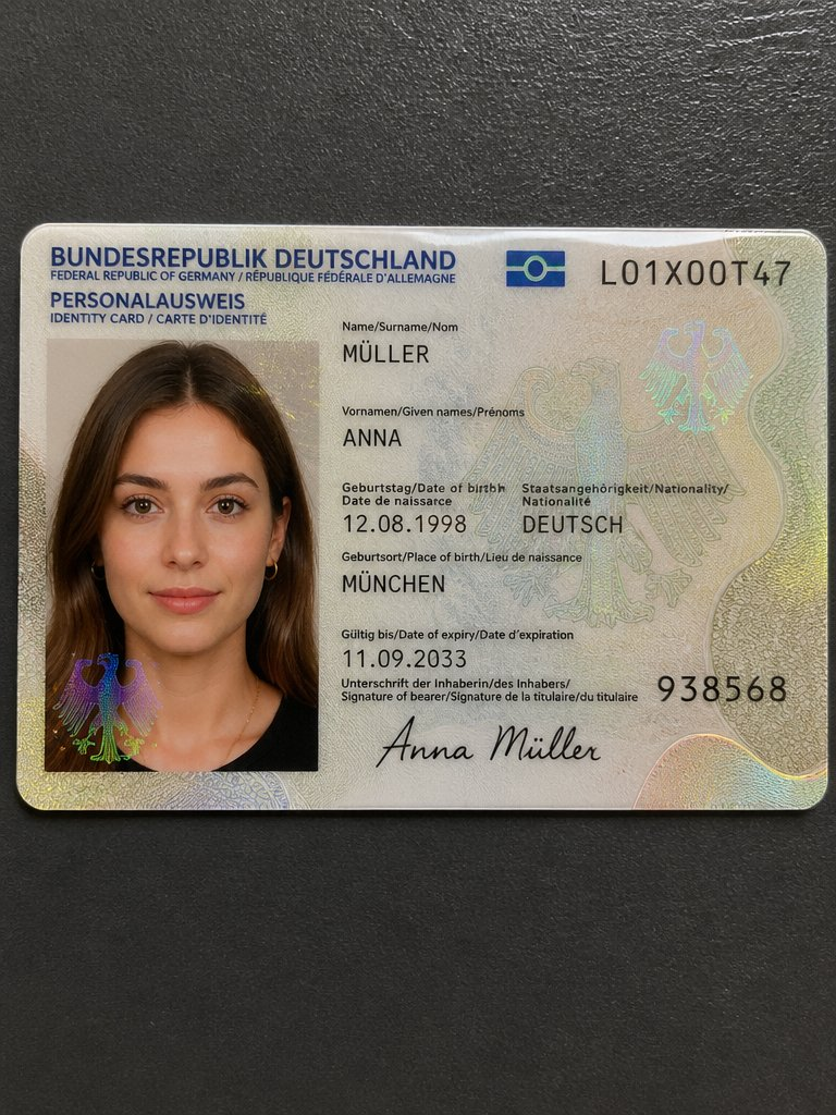 }{"type": "Nahaufnahme-Fotografie","subject": "Eine fiktive Ausweiskarte, die von einer Hand gehalten wird","card_content": {"header_text": "MUSTERREPUBLIK / AUSWEISKARTE / SAMPLE ID CARD","logo": "Ein blaues Symbolfeld oben links mit dem Länderkürzel 'MR'","portrait": {"appearance": "Junge Frau mit langen, glatten blonden Haaren und Mittelscheitel","facial_features": "Helle Haut mit deutlich sichtbaren natürlichen Sommersprossen auf Nase und Wangen, neutraler Gesichtsausdruck, haselgrüne Augen mit geradem Blick nach vorn","clothing": "Schwarzes Oberteil mit sichtbarem Ausschnitt","accessories": "Kleine silberne Ohrstecker an den Ohrläppchen"},"text_data": {"surname": "MUSTERNAME","given_name": "ERIKA","birth_date": "07.11.1998","birth_place": "BERLIN","expiry_date": "01.12.2030"},"surface_texture": "Glänzende laminierte Oberfläche mit sichtbaren holografischen Sicherheitsmustern und Guilloche-Linien über Porträt und Text"},"foreground_hand": {"position": "Hält die untere rechte Ecke der Karte","skin_tone": "Hell","fingernail": "Sichtbarer Daumen mit langem, mandelförmigem Fingernagel, lackiert in glänzendem Bordeauxrot oder Dunkelrot"},"background": "Schlichte, einfarbig weiße Oberfläche","lighting": "Weiches, gleichmäßiges Innenlicht mit leichten Reflexionen auf der Kartenoberfläche und dem glänzenden Nagellack","framing": "Vertikale Nahaufnahme aus der Vogelperspektive, vollständig auf die Karte und den Daumen fokussiert"