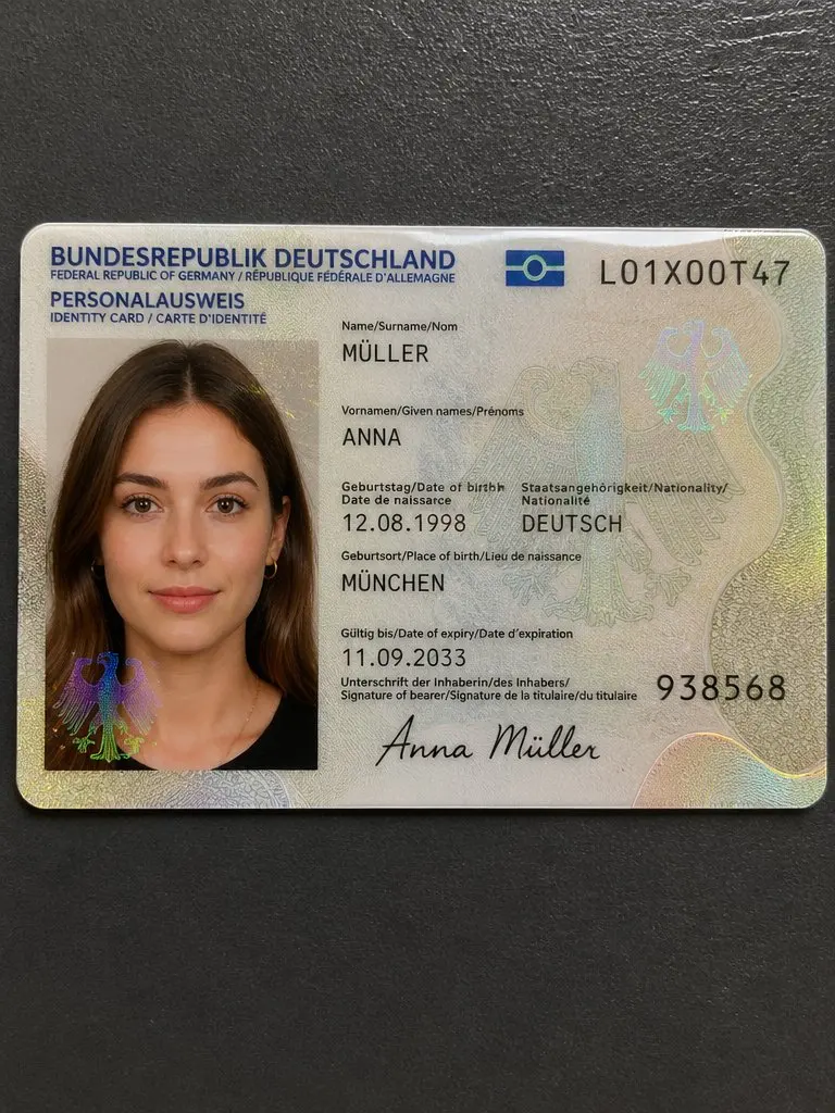 }{"type": "Nahaufnahme-Fotografie","subject": "Eine fiktive Ausweiskarte, die von einer Hand gehalten wird","card_content": {"header_text": "MUSTERREPUBLIK / AUSWEISKARTE / SAMPLE ID CARD","logo": "Ein blaues Symbolfeld oben links mit dem Länderkürzel 'MR'","portrait": {"appearance": "Junge Frau mit langen, glatten blonden Haaren und Mittelscheitel","facial_features": "Helle Haut mit deutlich sichtbaren natürlichen Sommersprossen auf Nase und Wangen, neutraler Gesichtsausdruck, haselgrüne Augen mit geradem Blick nach vorn","clothing": "Schwarzes Oberteil mit sichtbarem Ausschnitt","accessories": "Kleine silberne Ohrstecker an den Ohrläppchen"},"text_data": {"surname": "MUSTERNAME","given_name": "ERIKA","birth_date": "07.11.1998","birth_place": "BERLIN","expiry_date": "01.12.2030"},"surface_texture": "Glänzende laminierte Oberfläche mit sichtbaren holografischen Sicherheitsmustern und Guilloche-Linien über Porträt und Text"},"foreground_hand": {"position": "Hält die untere rechte Ecke der Karte","skin_tone": "Hell","fingernail": "Sichtbarer Daumen mit langem, mandelförmigem Fingernagel, lackiert in glänzendem Bordeauxrot oder Dunkelrot"},"background": "Schlichte, einfarbig weiße Oberfläche","lighting": "Weiches, gleichmäßiges Innenlicht mit leichten Reflexionen auf der Kartenoberfläche und dem glänzenden Nagellack","framing": "Vertikale Nahaufnahme aus der Vogelperspektive, vollständig auf die Karte und den Daumen fokussiert"