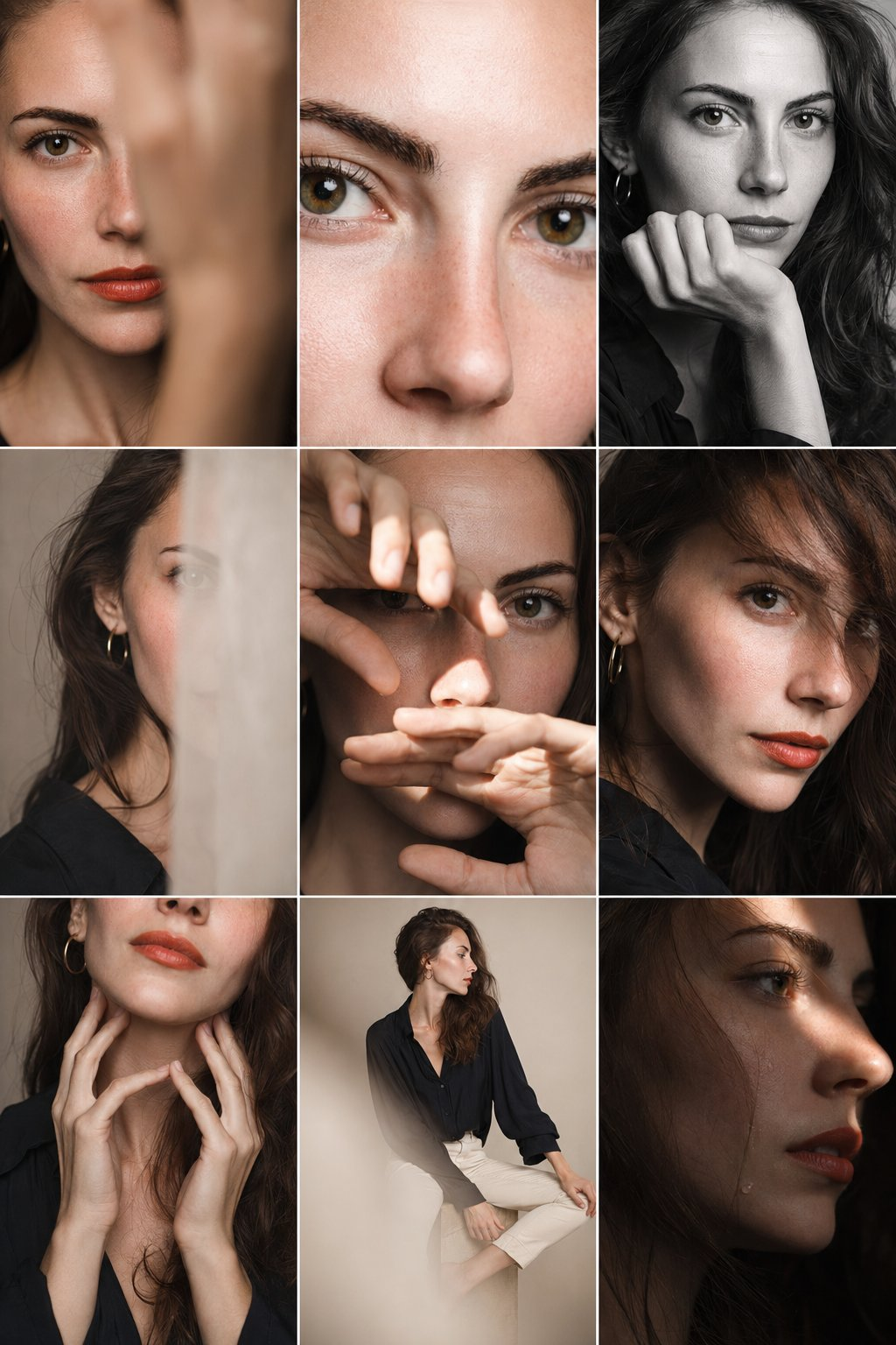 Editorial 3x3 photo grid in a clean soft beige studio. Character (matches reference 100%) wearing lightweight dark navy shirt, ivory trousers, barefoot for raw simplicity. Lighting: large diffused key light directly front-right, silver reflector left, subtle rim from top. Shots to include: 1. extreme close-up of lips + cheekbone with blurred hand partially covering (85mm, f/1.8, razor-thin DOF); 2. tight crop on eyes looking into lens with reflection of light strip visible (85mm, f/2.0); 3. black & white close portrait resting chin on fist, face filling frame (50mm, f/2.2); 4. over-shoulder shot, blurred foreground fabric curtain framing half face (85mm, f/2.0); 5. very close frontal with hands overlapping face, light streak across eyes (50mm, f/2.5); 6. tight angled portrait showing hair falling into eyes, soft-focus background (85mm, f/2.2); 7. crop of hands touching jawline, eyes cropped out (50mm, f/3.2, detail-focused); 8. half-body seated sideways on low cube, head turned sharply away, blurred foreground (35mm, f/ 4.5); 9. intense close-up of profile with single tear-like water droplet, cinematic light slice across (85mm, f/ 1.9). Angles: mostly tight headshots with slight high/low tilts, maintaining variation. Capture RAW, professional muted grade, smooth tonal contrast, subtle cinematic grain. Mood: intimate, introspective, character-led editorial minimalism with delicate use of fabric as prop.