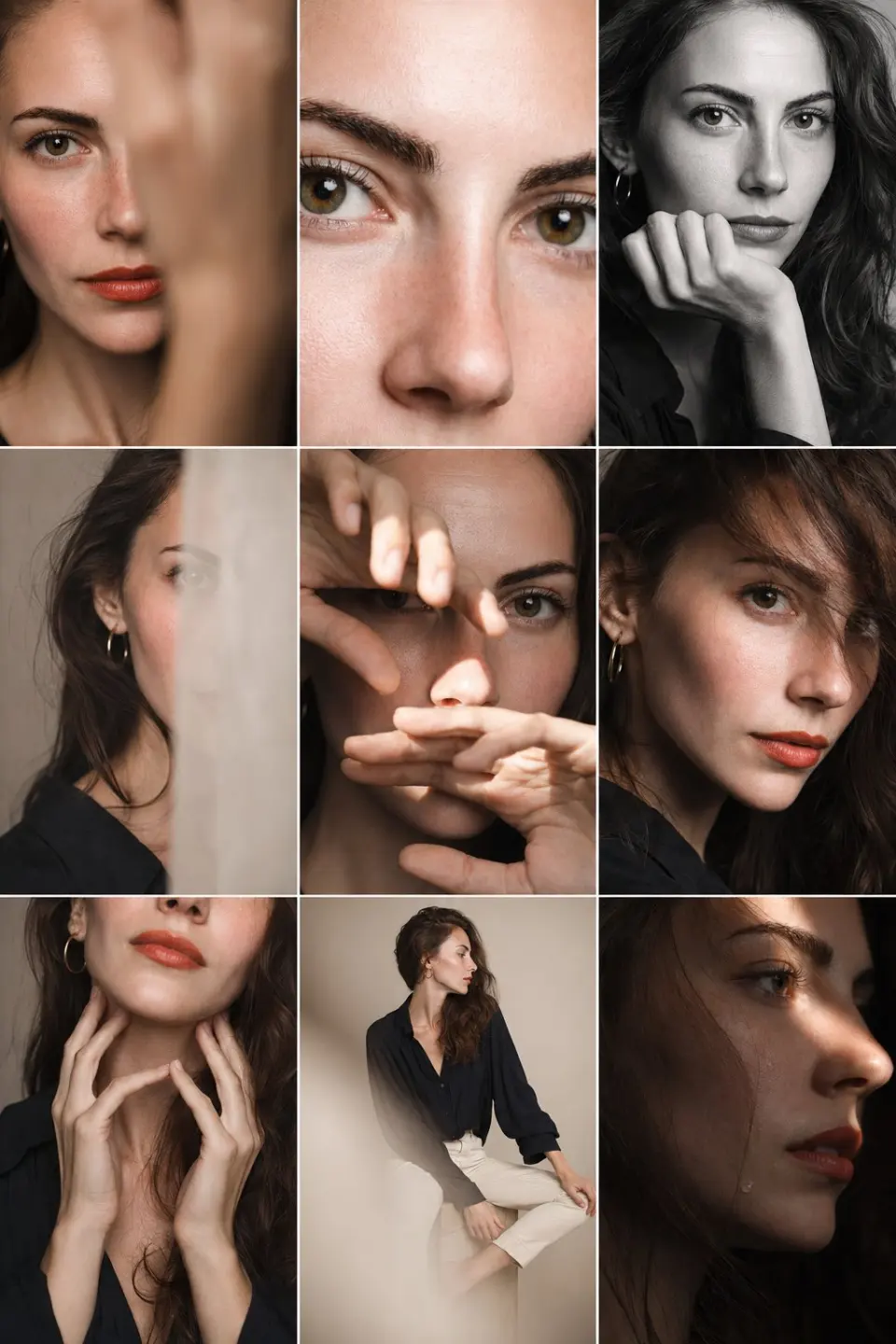 Editorial 3x3 photo grid in a clean soft beige studio. Character (matches reference 100%) wearing lightweight dark navy shirt, ivory trousers, barefoot for raw simplicity. Lighting: large diffused key light directly front-right, silver reflector left, subtle rim from top. Shots to include: 1. extreme close-up of lips + cheekbone with blurred hand partially covering (85mm, f/1.8, razor-thin DOF); 2. tight crop on eyes looking into lens with reflection of light strip visible (85mm, f/2.0); 3. black & white close portrait resting chin on fist, face filling frame (50mm, f/2.2); 4. over-shoulder shot, blurred foreground fabric curtain framing half face (85mm, f/2.0); 5. very close frontal with hands overlapping face, light streak across eyes (50mm, f/2.5); 6. tight angled portrait showing hair falling into eyes, soft-focus background (85mm, f/2.2); 7. crop of hands touching jawline, eyes cropped out (50mm, f/3.2, detail-focused); 8. half-body seated sideways on low cube, head turned sharply away, blurred foreground (35mm, f/ 4.5); 9. intense close-up of profile with single tear-like water droplet, cinematic light slice across (85mm, f/ 1.9). Angles: mostly tight headshots with slight high/low tilts, maintaining variation. Capture RAW, professional muted grade, smooth tonal contrast, subtle cinematic grain. Mood: intimate, introspective, character-led editorial minimalism with delicate use of fabric as prop.