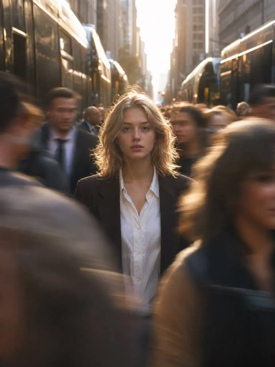 Cinematic street photography of a young woman standing still in the center of a crowded city street during golden hour, sharp focus on her face while people rush past in motion blur, creating a sense of isolation and stillness in chaos. She has natural makeup, soft wavy blonde hair, wearing a minimal white shirt and dark blazer. Background filled with tall urban buildings and buses on both sides, warm sunlight glowing from behind, backlighting her hair with a soft halo effect. Shallow depth of field, 50mm lens look, high dynamic range, realistic skin texture, subtle film grain, symmetrical composition, leading lines drawing toward subject, moody yet calm expression, ultra-realistic, editorial fashion photography style.