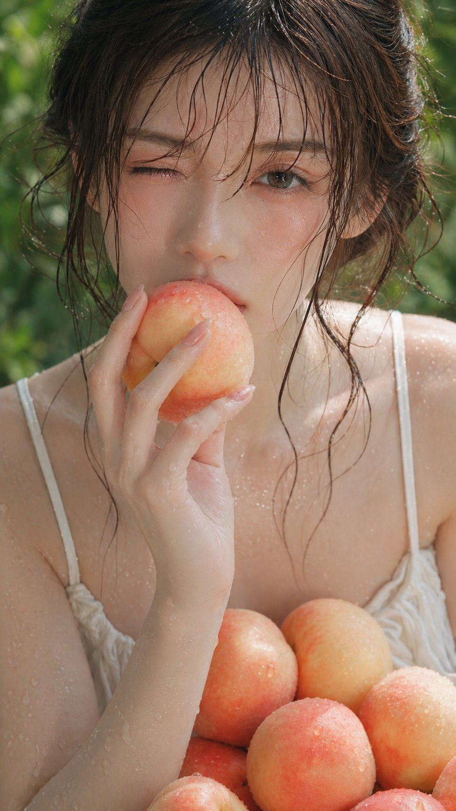 生成一张 3:4 竖版高端日系杂志封面。画面中是一位20多岁的成年东亚女性，黑色微湿长发，发丝自然贴在脸侧，皮肤白皙细腻，脸颊粉润，一只眼睛自然眨眼，神情温柔清新。她双手捧着一颗带水珠的水蜜桃，桃子贴近嘴唇，动作自然克制。前景摆放多颗新鲜水蜜桃，表面有细小水珠。人物穿浅色细肩带夏日上衣，肩部与手臂有清凉水珠。背景是夏日户外果园，绿色植物虚化，自然阳光，浅景深，奶油散景，整体通透、柔和、治愈。

整体风格为高端日系写真杂志封面，写实摄影质感，真实皮肤纹理，柔和电影感，水果主题美容编辑大片。画面加入精致的日系杂志排版：顶部小字“みずみずしい夏、桃とまなざし。”，大标题“桃色日和”，副标题“MOMOIRO BIYORI”，右侧竖排文案“甘い季節は、そっと頬を染めていく。”，左侧文案“やわらかな光、透きとおる空気、ひとくちの夏。”，左下圆形标签“Summer Issue”，说明文字“Beauty & Mood Editorial”，大号年份“2026”，底部小字“この一枚に、夏の記憶を。” 文字颜色为奶油白或浅金色，排版克制高级，像真正的日系时尚生活方式杂志封面。

不要乱码，不要低俗，不要塑料皮肤，不要畸形手部，不要廉价海报感，不要杂乱背景，不要过度锐化，不要水印。