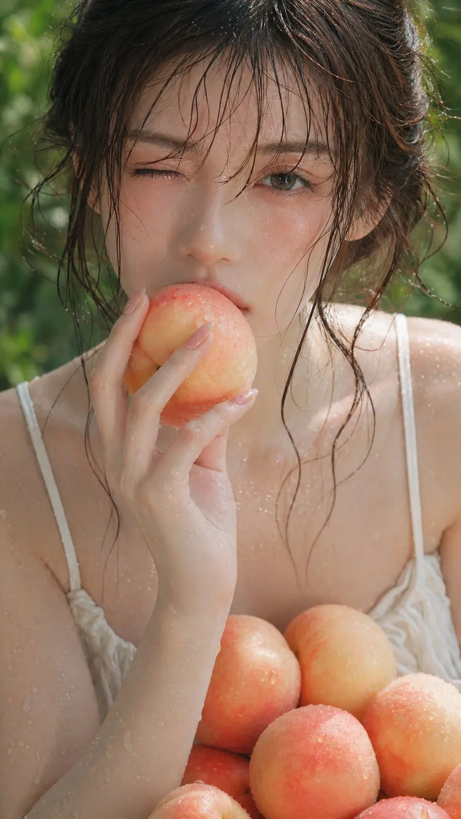 生成一张 3:4 竖版高端日系杂志封面。画面中是一位20多岁的成年东亚女性,黑色微湿长发,发丝自然贴在脸侧,皮肤白皙细腻,脸颊粉润,一只眼睛自然眨眼,神情温柔清新。她双手捧着一颗带水珠的水蜜桃,桃子贴近嘴唇,动作自然克制。前景摆放多颗新鲜水蜜桃,表面有细小水珠。人物穿浅色细肩带夏日上衣,肩部与手臂有清凉水珠。背景是夏日户外果园,绿色植物虚化,自然阳光,浅景深,奶油散景,整体通透、柔和、治愈。
整体风格为高端日系写真杂志封面,写实摄影质感,真实皮肤纹理,柔和电影感,水果主题美容编辑大片。画面加入精致的日系杂志排版:顶部小字“みずみずしい夏、桃とまなざし。”,大标题“桃色日和”,副标题“MOMOIRO BIYORI”,右侧竖排文案“甘い季節は、そっと頬を染めていく。”,左侧文案“やわらかな光、透きとおる空気、ひとくちの夏。”,左下圆形标签“Summer Issue”,说明文字“Beauty & Mood Editorial”,大号年份“2026”,底部小字“この一枚に、夏の記憶を。” 文字颜色为奶油白或浅金色,排版克制高级,像真正的日系时尚生活方式杂志封面。
不要乱码,不要低俗,不要塑料皮肤,不要畸形手部,不要廉价海报感,不要杂乱背景,不要过度锐化,不要水印。