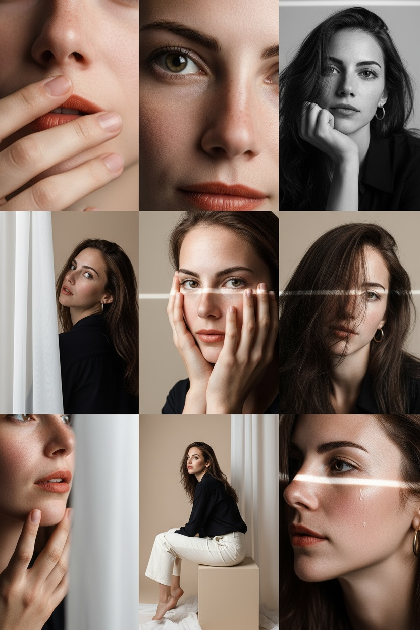 Editorial 3x3 photo grid in a clean soft beige studio. Character (matches reference 100%) wearing lightweight dark navy shirt, ivory trousers, barefoot for raw simplicity. Lighting: large diffused key light directly front-right, silver reflector left, subtle rim from top. Shots to include: 1. extreme close-up of lips + cheekbone with blurred hand partially covering (85mm, f/1.8, razor-thin DOF); 2. tight crop on eyes looking into lens with reflection of light strip visible (85mm, f/2.0); 3. black & white close portrait resting chin on fist, face filling frame (50mm, f/2.2); 4. over-shoulder shot, blurred foreground fabric curtain framing half face (85mm, f/2.0); 5. very close frontal with hands overlapping face, light streak across eyes (50mm, f/2.5); 6. tight angled portrait showing hair falling into eyes, soft-focus background (85mm, f/2.2); 7. crop of hands touching jawline, eyes cropped out (50mm, f/3.2, detail-focused); 8. half-body seated sideways on low cube, head turned sharply away, blurred foreground (35mm, f/ 4.5); 9. intense close-up of profile with single tear-like water droplet, cinematic light slice across (85mm, f/ 1.9). Angles: mostly tight headshots with slight high/low tilts, maintaining variation. Capture RAW, professional muted grade, smooth tonal contrast, subtle cinematic grain. Mood: intimate, introspective, character-led editorial minimalism with delicate use of fabric as prop.
