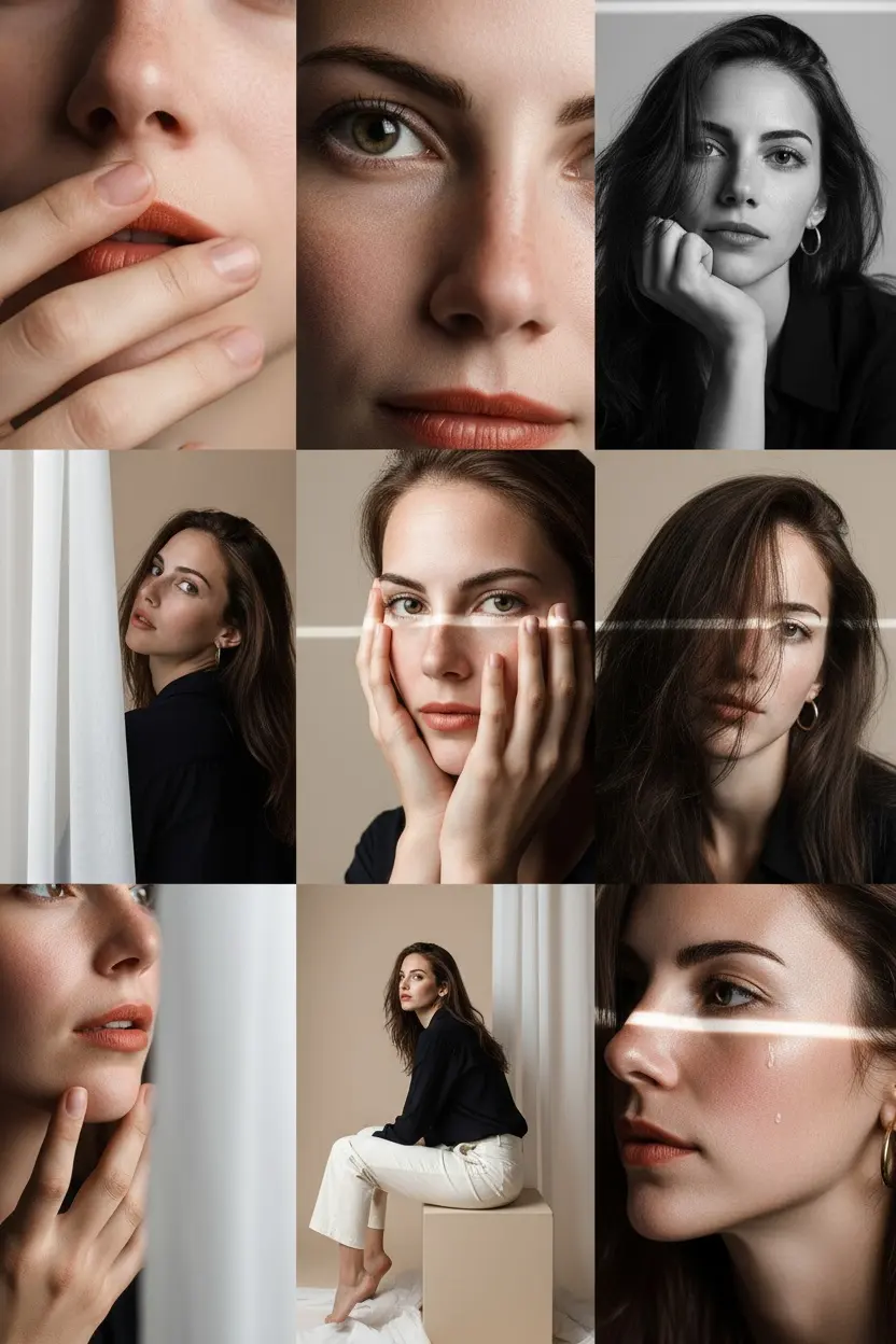Editorial 3x3 photo grid in a clean soft beige studio. Character (matches reference 100%) wearing lightweight dark navy shirt, ivory trousers, barefoot for raw simplicity. Lighting: large diffused key light directly front-right, silver reflector left, subtle rim from top. Shots to include: 1. extreme close-up of lips + cheekbone with blurred hand partially covering (85mm, f/1.8, razor-thin DOF); 2. tight crop on eyes looking into lens with reflection of light strip visible (85mm, f/2.0); 3. black & white close portrait resting chin on fist, face filling frame (50mm, f/2.2); 4. over-shoulder shot, blurred foreground fabric curtain framing half face (85mm, f/2.0); 5. very close frontal with hands overlapping face, light streak across eyes (50mm, f/2.5); 6. tight angled portrait showing hair falling into eyes, soft-focus background (85mm, f/2.2); 7. crop of hands touching jawline, eyes cropped out (50mm, f/3.2, detail-focused); 8. half-body seated sideways on low cube, head turned sharply away, blurred foreground (35mm, f/ 4.5); 9. intense close-up of profile with single tear-like water droplet, cinematic light slice across (85mm, f/ 1.9). Angles: mostly tight headshots with slight high/low tilts, maintaining variation. Capture RAW, professional muted grade, smooth tonal contrast, subtle cinematic grain. Mood: intimate, introspective, character-led editorial minimalism with delicate use of fabric as prop.
