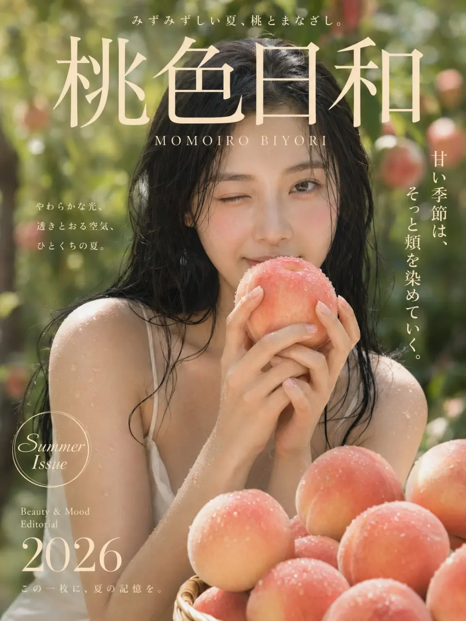 生成一张 3:4 竖版高端日系杂志封面。画面中是一位20多岁的成年东亚女性,黑色微湿长发,发丝自然贴在脸侧,皮肤白皙细腻,脸颊粉润,一只眼睛自然眨眼,神情温柔清新。她双手捧着一颗带水珠的水蜜桃,桃子贴近嘴唇,动作自然克制。前景摆放多颗新鲜水蜜桃,表面有细小水珠。人物穿浅色细肩带夏日上衣,肩部与手臂有清凉水珠。背景是夏日户外果园,绿色植物虚化,自然阳光,浅景深,奶油散景,整体通透、柔和、治愈。
整体风格为高端日系写真杂志封面,写实摄影质感,真实皮肤纹理,柔和电影感,水果主题美容编辑大片。画面加入精致的日系杂志排版:顶部小字“みずみずしい夏、桃とまなざし。”,大标题“桃色日和”,副标题“MOMOIRO BIYORI”,右侧竖排文案“甘い季節は、そっと頬を染めていく。”,左侧文案“やわらかな光、透きとおる空気、ひとくちの夏。”,左下圆形标签“Summer Issue”,说明文字“Beauty & Mood Editorial”,大号年份“2026”,底部小字“この一枚に、夏の記憶を。” 文字颜色为奶油白或浅金色,排版克制高级,像真正的日系时尚生活方式杂志封面。
不要乱码,不要低俗,不要塑料皮肤,不要畸形手部,不要廉价海报感,不要杂乱背景,不要过度锐化,不要水印。