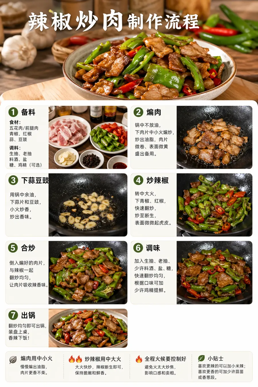 Step-by-step cooking guide for Spicy Pork - generated by GPT Image 2